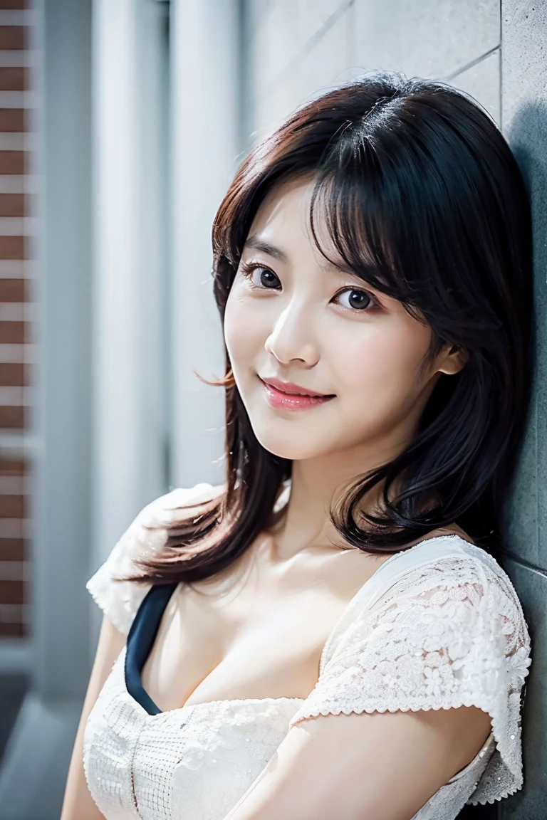24-year-old woman, Chest Shot, Iris, Black Hair, Warm Background, Grin