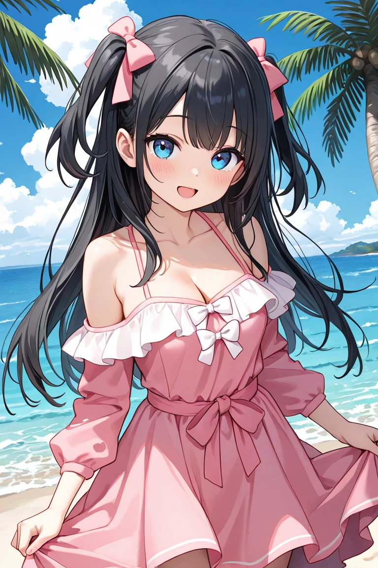 (full body, pov style), (solo:2, 15 yo, curly:1.3 black blue hair long hair cute girl, cute red eyes, happy smile, glossy lip, sexy medium1.2 tits), (in a pink summer one piece dress), break, in the Beach food stalls, background Double Exposure beautiful ocean and beautiful rainbow, BREAK, perfect anatomy, masterpiece, best quality, 16k, beautiful detailed love, sexy, daydreaming expression.