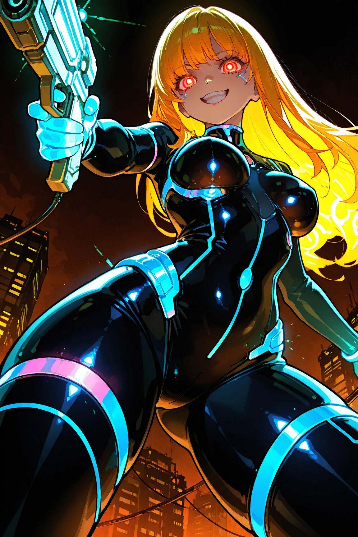 dark Theme,dark_fantasy, cyber punk,Wonders of the machine,Robotic presence, Cybernetics Guardian,purple、simple background,beautiful robotic cyberwoman,(long hair:1),(body suit made of thousands of glowing transistors:1.4),delicate parts,fractal art,colorful,digital painting,(glowing lights and leds:1.3),(robotic breasts with glowing LED:1.2),medium breasts,(background:an elaborate dark cityscape:1.1),(detailed glowing eyes:1.2),intimidating,tattoo,solo focus,view from below,psychotic smile,cyberpunk,(leaning forward),glowing hand,holding gun,(attacking),cross-legged on a pile of robot skulls.,dark_fantasy, cyber punk,Wonders of the machine,Robotic presence,Cybernetics Guardian