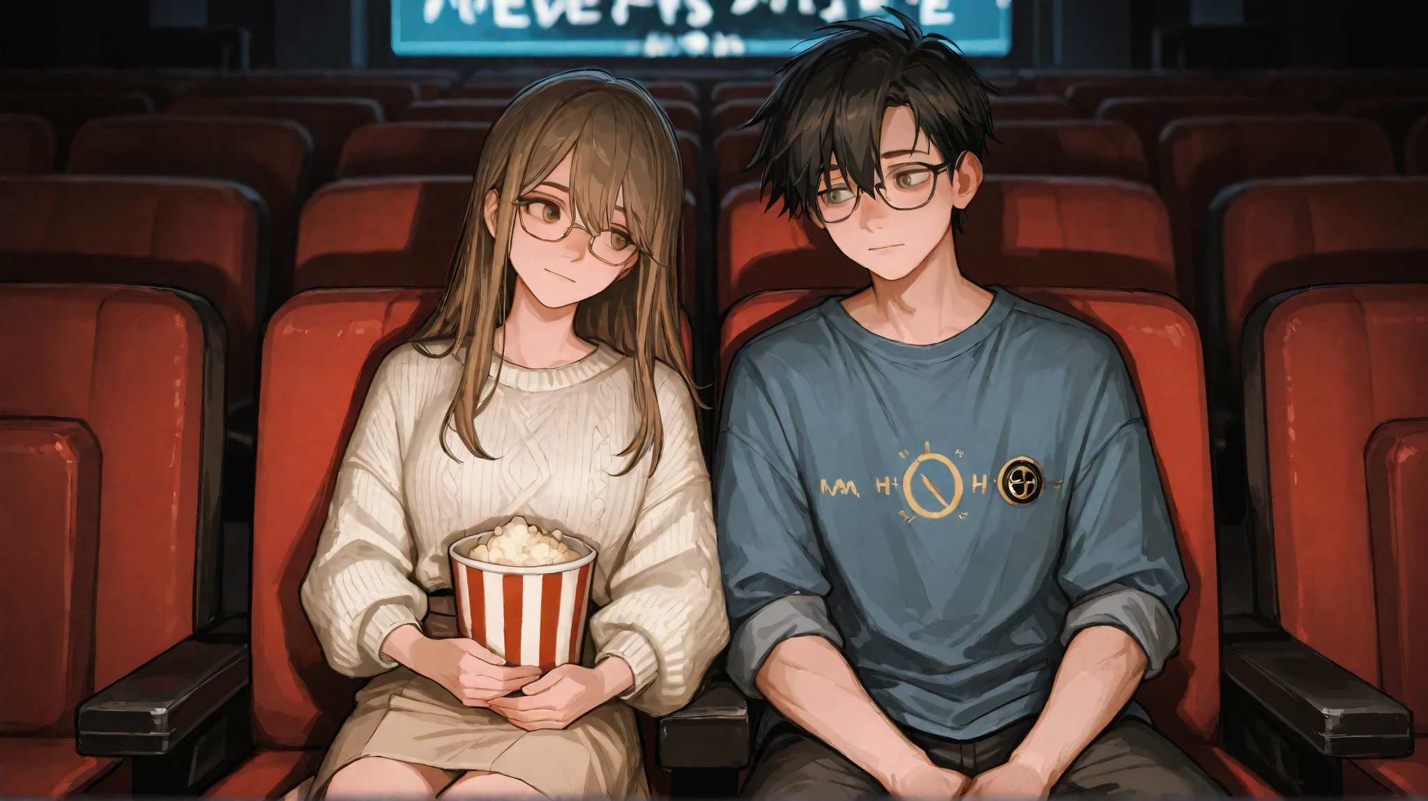 Inside a dimly lit movie theater, Emily Carter and Ethan Miller sit next to each other, illuminated by the flickering glow of the screen. Emily, a young woman in her mid-twenties, has soft chestnut-brown hair that falls just past her shoulders in gentle waves. Her warm hazel eyes reflect the movie's light as she fidgets slightly, feeling awkward. She wears a cozy cream-colored knitted sweater and a flowing beige skirt, her hands lightly gripping the edge of her seat.
Beside her, Ethan, a tall and well-built young man with neatly styled jet-black hair, sits with a composed posture. His sharp gray eyes, framed by gold-rimmed glasses, remain focused on the movie, but he subtly notices Emily's discomfort. He wears a dark button-up shirt with the sleeves rolled up, revealing his strong forearms, and well-fitted dark slacks.
Noticing Emily stiffen at the overly affectionate couple beside her, Ethan casually leans slightly toward her, his broad shoulders naturally blocking her view. Without a word, he hands her a bucket of popcorn, hers for a fleeting moment. Emily hesitates, glancing up at him, only to see his calm yet knowing expression. The background remains blurred, focusing on the quiet tension between them—an atmosphere of growing familiarity and unspoken emotions.