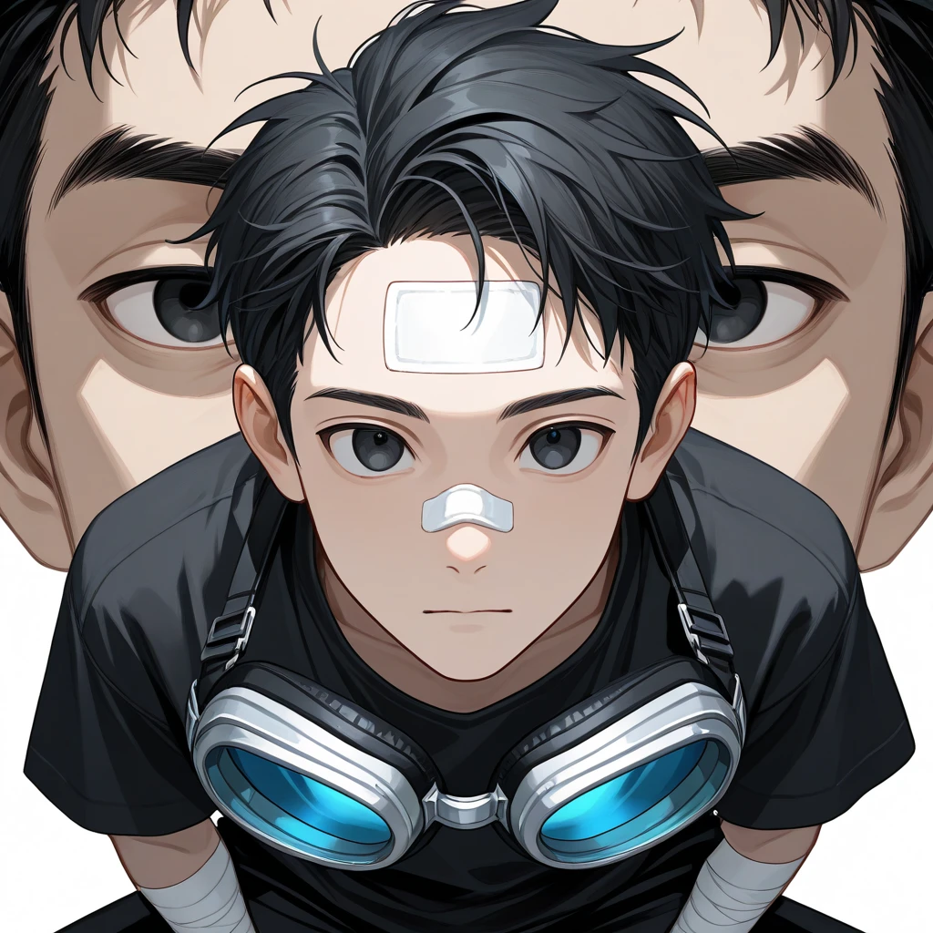 portrait image, anime android robot boy, 1boy, shota, shiny, skintight latex ((black and white)) sci-fi bodysuit, short black hair, red eyes, neutral expression, plain white background