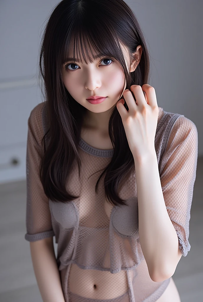 (8k, RAW photo, best quality, masterpiece:1.2), ultra detailed, ultra high res,
(realistic, photo realistic:1.37), high detail RAW color photo, professional photograph,
an extremely delicate and beautiful, extremely detailed, 8k wallpaper, Amazing, finely detail, huge file size, official art, extremely detailed CG unity 8k wallpaper,
extremely detailed beautiful girl, extremely detailed face, extremely detailed eyes, extremely detailed skin, extremely detailed fingers, extremely detailed nose, extremely detailed mouth, perfect anatomy, highly detailed background, extremely detailed clothing,
1girl, (25 years old:1.2), age, cute girl, famous japanese idol, kawaii,
(small breasts:1.2), realistic body, ,
fair skin, shiny skin, slender body, good figure,
black hair, long straight hair, (blunt bangs:1.2),
smile, cute, young, cute face, baby face, realistic face,
beautifully detailed eyes, drooping eyes, beautiful big eyes, large dark eyes, beautiful and clear eyes,
hoodie,lonp sleeve, white panties,
looking at viewer, sitting on the floor grasping one's knees (as in a gym class), front view, , contrapposto,in room,on the bed,
dynamic lighting,