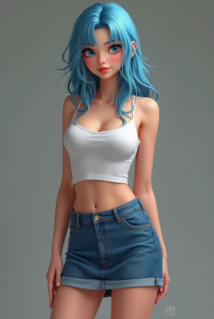 Woman wearing a sapphire blue top shirt and jeans black with gold, golden box briefs with white, (30 years), bright blue eyes, black hair with white locks, Ponytail hair, hyper-realistic, 4k, masterpiece, beautiful, facing the viewer, full body levitating, ((white skin)), neckline, maximum details.