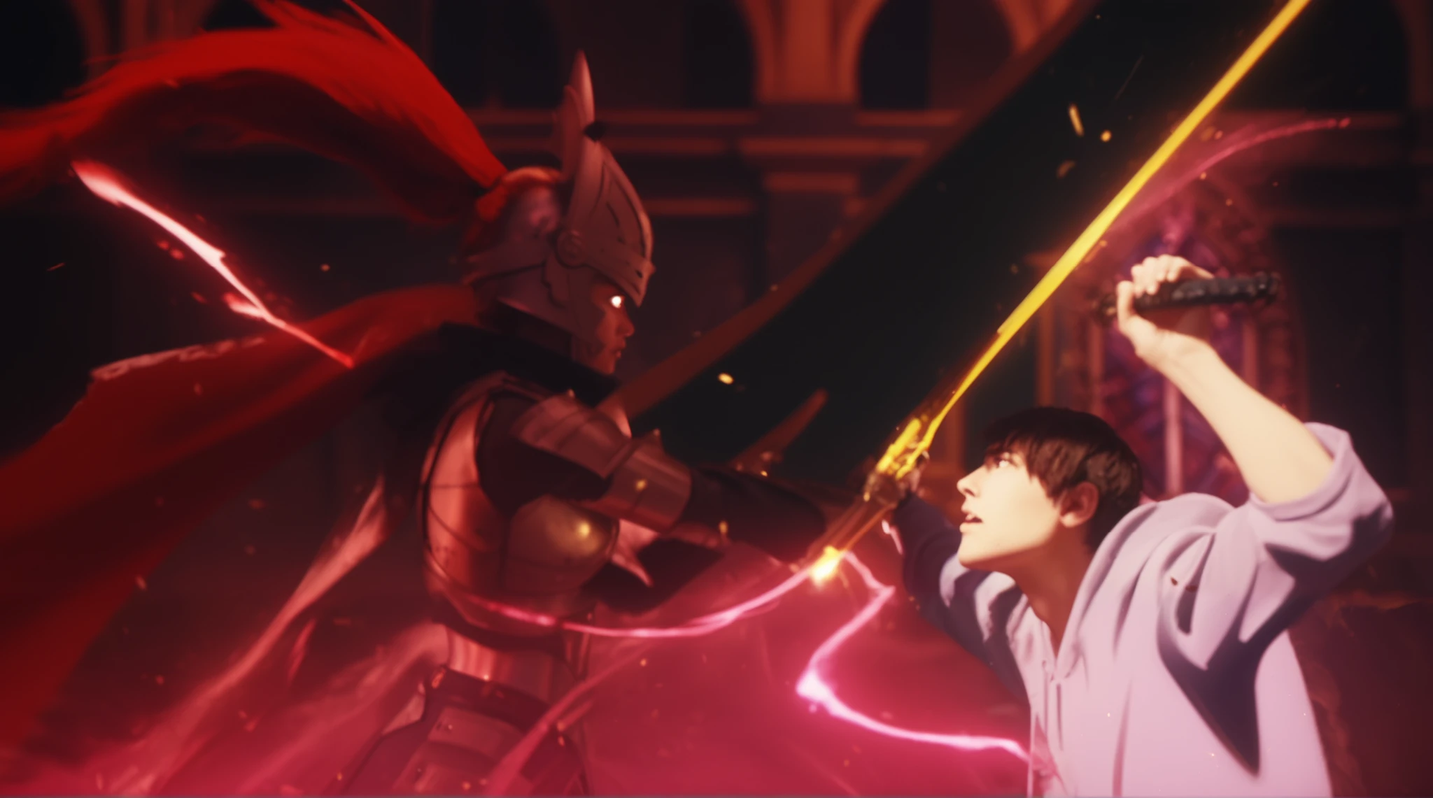 A hyper-realistic cinematic shot of Sung Jin-Woo from Solo Leveling engaged in an intense battle with a towering, armored knight. Jin-Woo, wearing a slightly torn hoodie, grips his dagger tightly, his face showing fierce determination as he blocks a massive, glowing greatsword with his blade. The armored knight, cloaked in deep crimson with glowing red eyes, wields an enormous black sword crackling with energy. The battle takes place inside a grand gothic cathedral, with towering red-lit pillars and intricate stained glass in the background. Sparks fly as the blades clash, illuminating the scene with electric yellow and red flashes. Dramatic lighting enhances the high-contrast shadows and glowing effects, giving a cinematic depth. Shot with a Sony A7R IV, 85mm f/1.4 lens, with a shallow depth of field to emphasize the characters, dynamic motion blur on sparks and dust particles, and ultra-realistic textures on clothing, armor, and weapons. 8K ultra-HD resolution, photorealistic rendering, highly detailed textures, cinematic composition, action-packed dynamic perspective --ar 16:9 --v 6 --style raw --q 2 --stylize 750