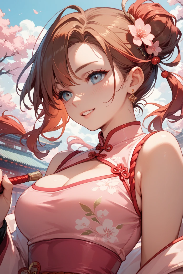 (High quality, High resolution, Fine details), Pink Chinese Dress, traditional Chinese elements, silk fabric, detailed embroidery, delicate floral patterns, subtle shadows and highlights, solo, curvy women, ornate hair accessories, sparkling eyes, (Detailed eyes:1.2), subtle makeup, smile, blush, Sweat, Oily skin, ethereal backdrop, soft ambient lighting, shallow depth of field