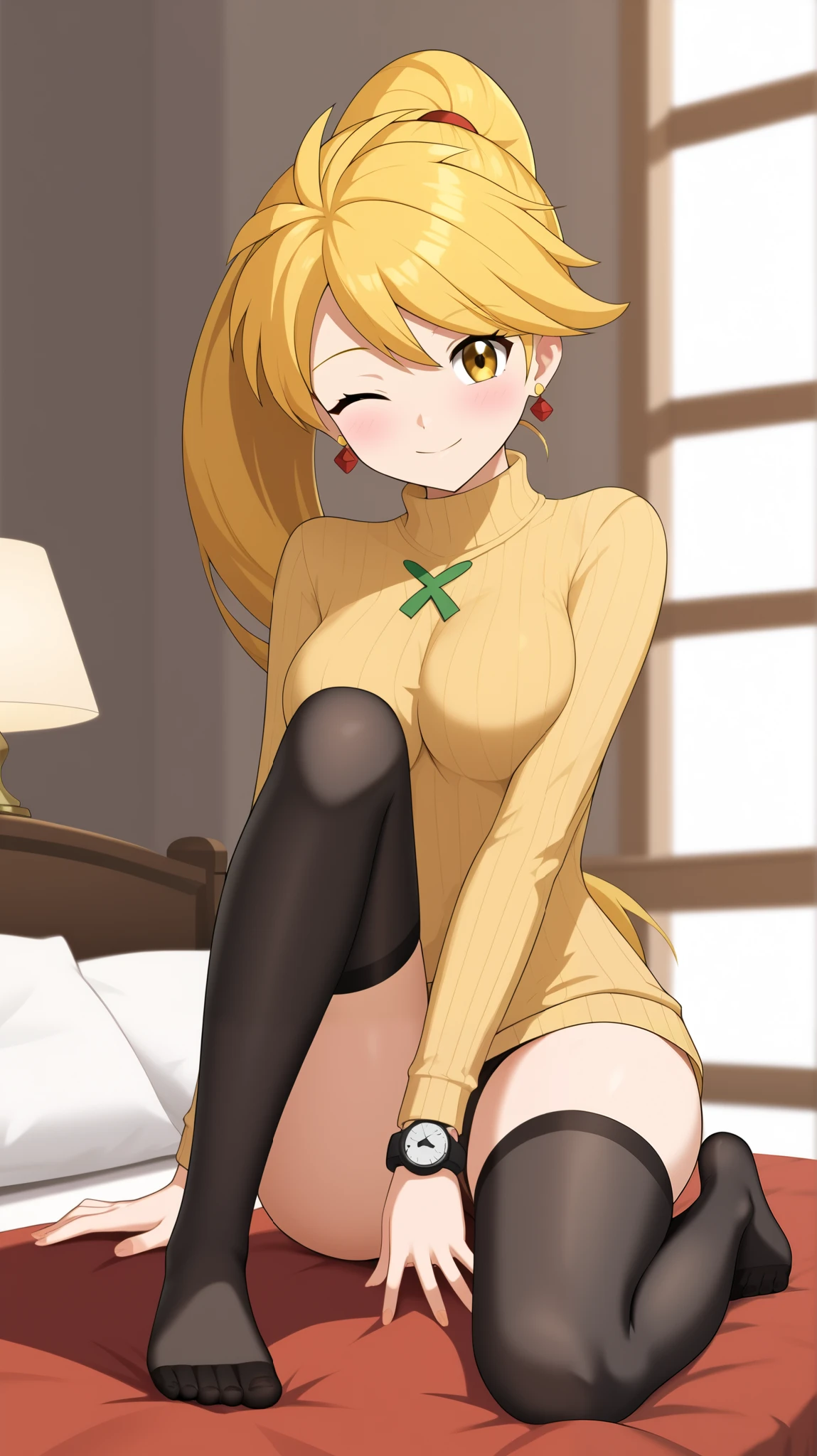 ((top quality)), ((masterpiece)), ((details)), 1girl , Two legs, two arms, golden hair color, ponytail, long hair, yellow eyes, Ample breasts, long sleeve vertical stripe sweater, black knee-high stockings, absolute region with to, thighs, yellow earrings, sexy smile, seductive smile, Watch Viewers, wink, close one eye, small tits, Sitting down, Tall, ANIME COLORING BOOK, 1 Female, Age 18, full body, slim figure, bedroom, bed, (\Pokémon\), score_9, score_8_excellent, score_7_excellent, score_6_excellent, source_anime, cell shading, flat color, vector,