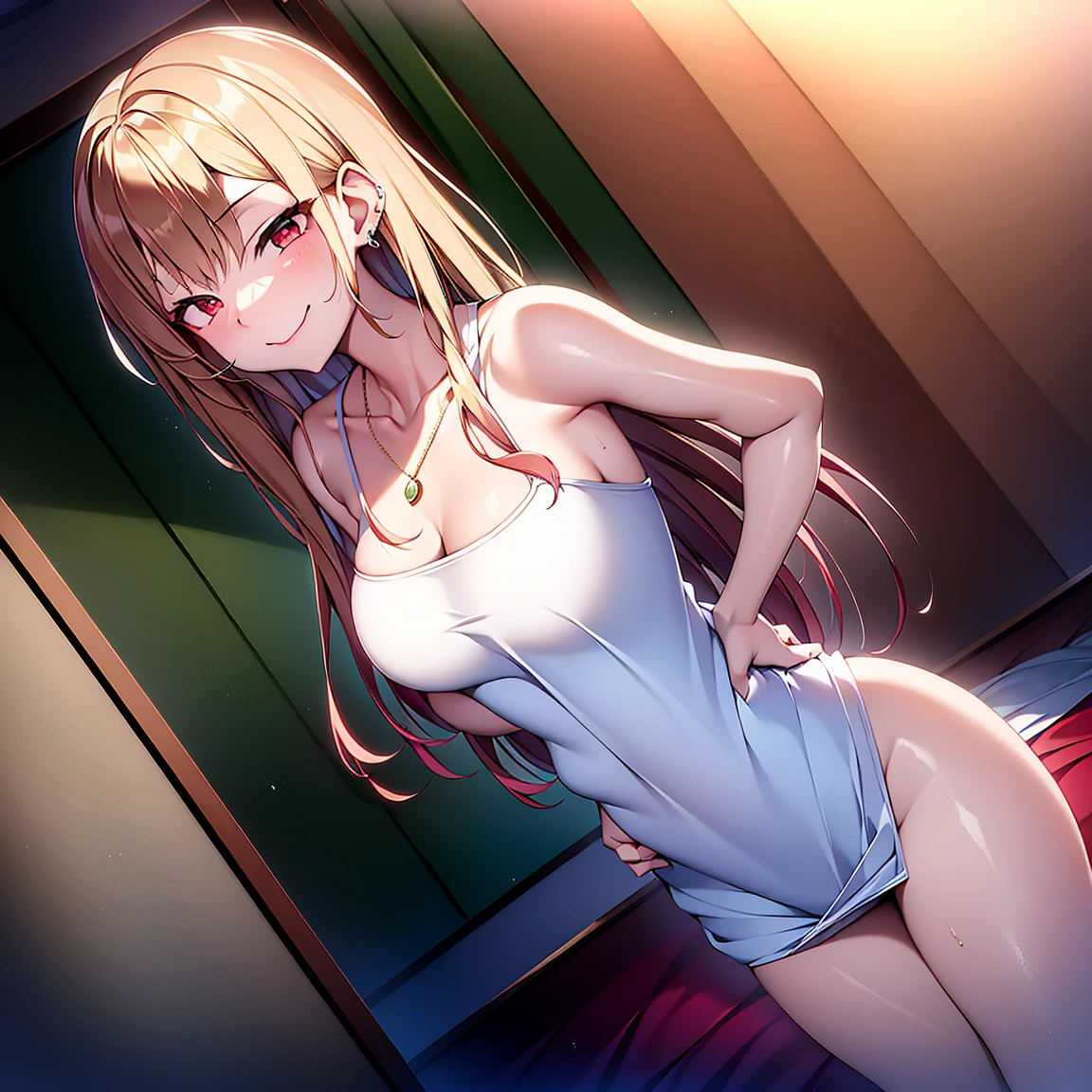 masterpiece, top-quality, Hi-Res, SV1,, elbowgloves, tiarra, Red bow, orangechoker, white glove, jewely, (1990's\(styles\):0.9), cowboy shot, a smile、Underwear、White underwear、White bra、white panty、Underwear with a small area、in one's underwear only、Nipples are coming out、teats、teats、teats、