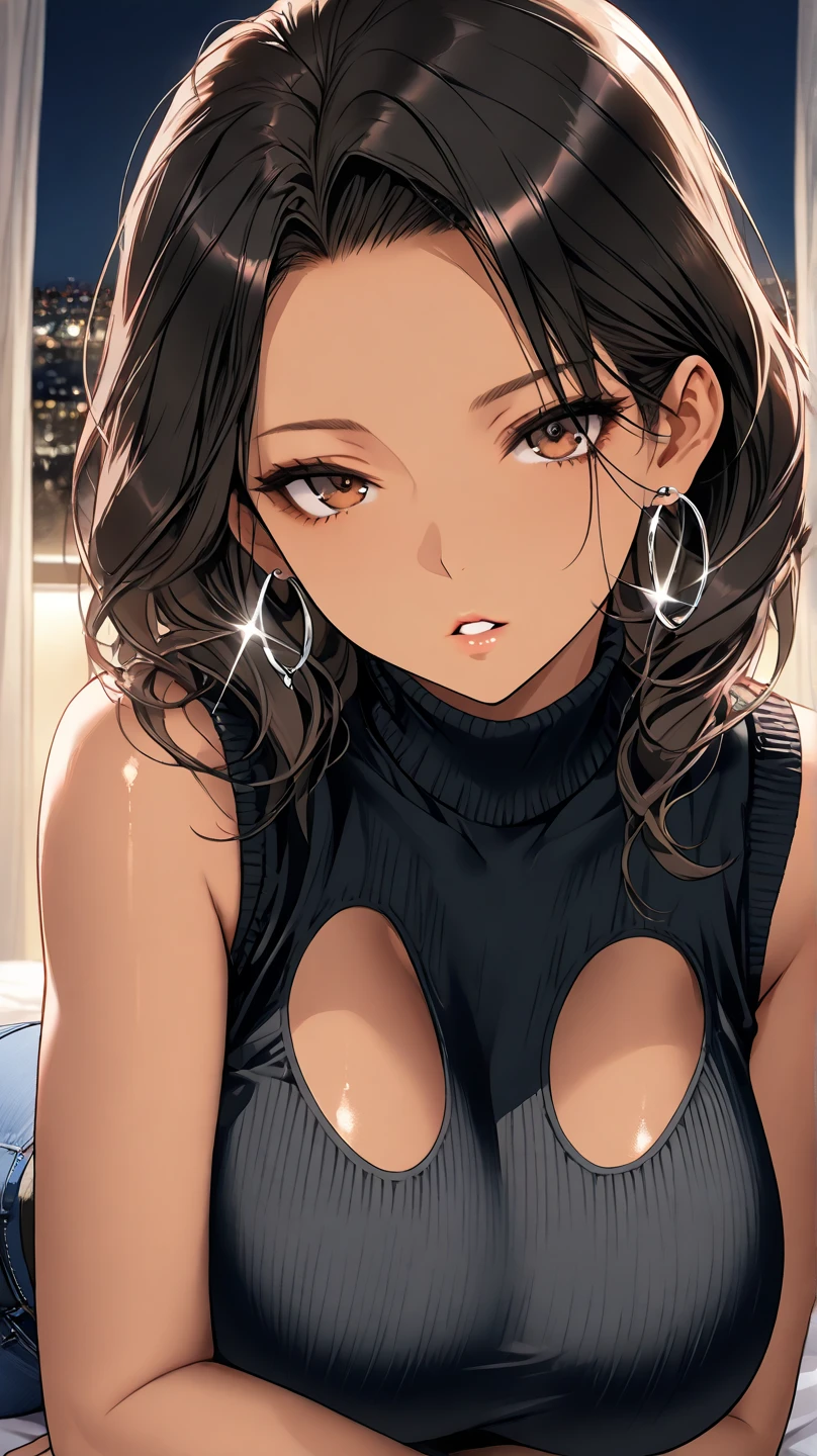 masterpiece, Highest quality, whole body, One girl, bangs,Brown Hair、From the waist up、Brown sleeveless sweater、Wearing a black jacket、20-year-old woman、Long Hair、bangsはなし、(Naked sweater,Tight virgin killer sweater:1.2),Upper body half naked,