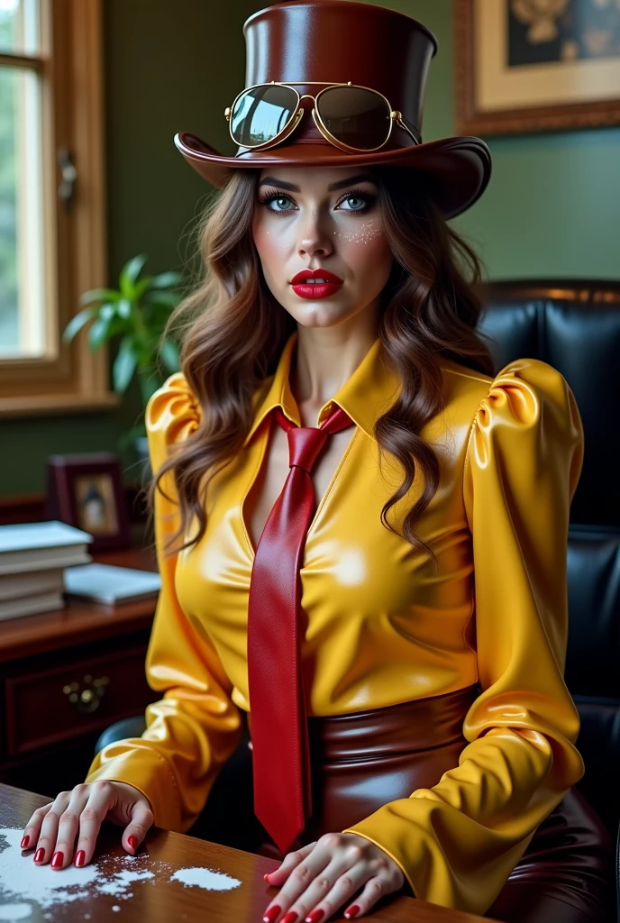the rich heiress bettie page, vestita con un finissimo completo giacca e gonna gialla, with a yellow wide-brimmed hat, wearing his favorite used yellow leather gloves, ( the gloves are ancient, the leather of the glove is slightly cracked) , Bettie è in ginocchio che fa un blowjob al suo autista di fiducia alfredo, Alfredo is standing, statuary still, con il pene, eretto, splendid,  that comes out of his trousers . Bettie takes it entirely in her mouth, it&#39;s orgasm time and a lot of cum comes out of bettie&#39;s mouth, Bettia has her eyes closed and is massaging her breasts, bettia ha una splendid paio di scarpe con il tacco nero.