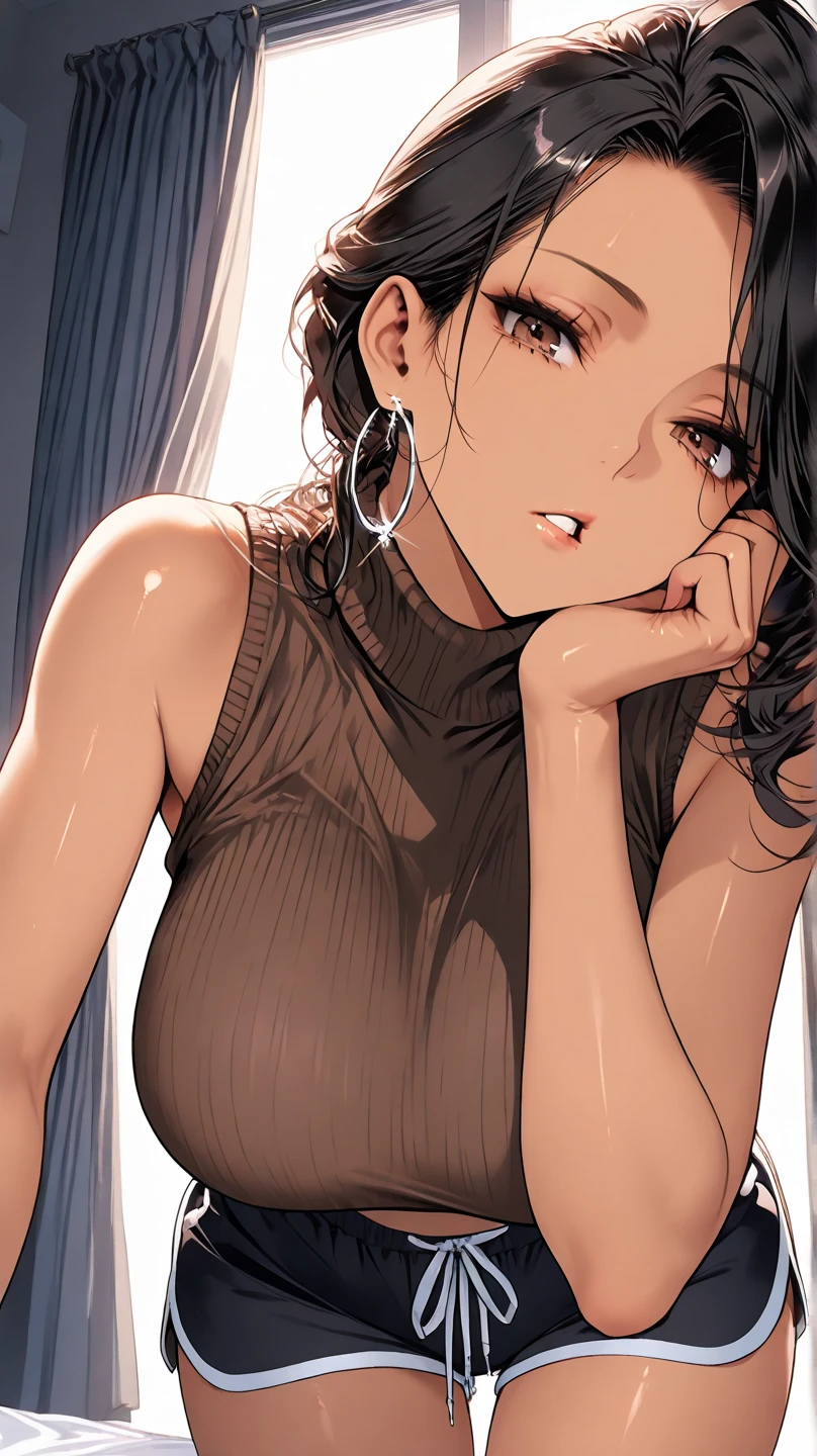 ((((highest quality)))), (((Ultra-precision CG 16K))), (((masterpiece))), (((Very detailed))), (((Extremely detailed))), (((Black outline:1.3, Written boundary depth:1.3 , Written soft outline))), Maximum clarity and sharpness,Multilayer Texture, Surface Shading, Cinematic lighting, Beautiful details sparkle ,Perfect Proportions, Limited to one woman, BREAK accurate, Anatomically correct, Highly detailed face and skin texture, drawn in detail, Highly detailed facial and skin texture, Detailed eyes, beautiful hair, Beautiful Japanese Idol face, Beautiful and beautiful eyes, Beautiful body, Beautiful breasts, Beautiful thighs, Beautiful legs, Beautiful fingers, (Beautiful views) , skinny body, ((Beautiful Skin)), ((Skin Texture)) BREAK breast enlarged, medium Breasts, rocket breasts, (((perky breasts))), (covered nipples), slender waist, ( narrow eyes, blush, determined expression, hot, sweaty , Heavy breathing,) , (streaked hair, hair intakes, colored inner hair, ) BREAK (((wearing oversized character printed sexy tank top, wearing outfit in casual way, wearing pleats mini-skirt, breasts is covered by outfit))) , wearing earrings, BREAK ( stick breast out),(((looking at viewer, super detailed background , ))), BREAK (((portrait , close-up, bust-up shot, looking at viewer, bending over, on all four, sitting and holding her knee)), (natural make), random angle