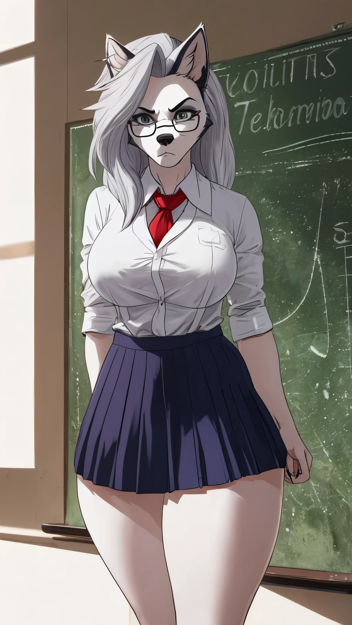 Loona from Helluva Boss, female white wolf, grey eyes, anthro, school girl outfit, flowy white hair, serious, mature, milf, glasses, teacher outfit, white shirt with black tie, thicc thighs, correct anatomy, detailed, standing, white background, 4K