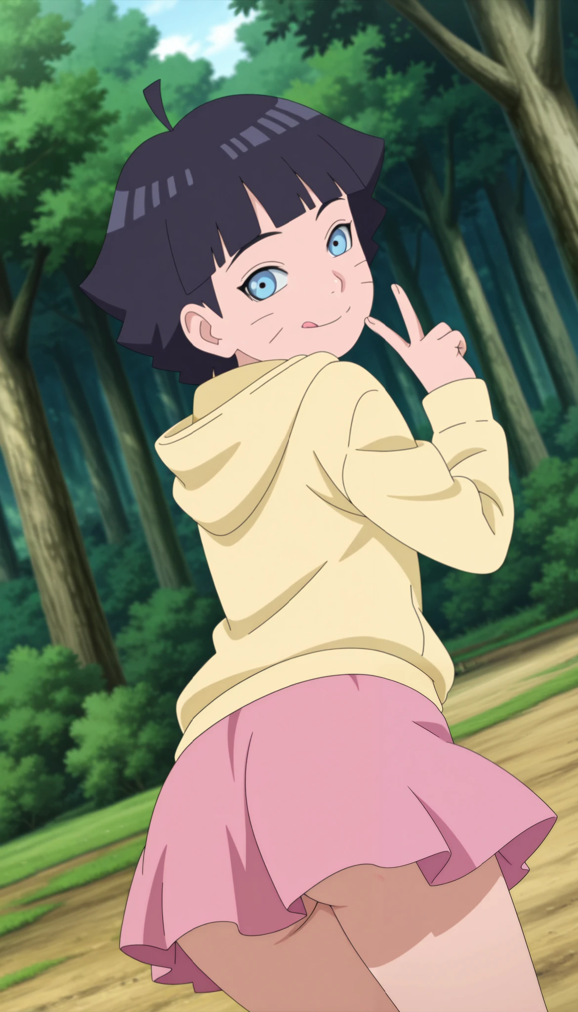 Original anime, anime screenshot, anime coloring, intricate details, fake screenshot, masterpiece, best quality, very aesthetic, dramatic lighting, BREAK, himawari, 1 girl, short hair, black hair, bangs, straight bangs, facial marking, whisker marks, uzumaki himawari, blue eyes, pupils up, hood, pink skirt, hoodie, hood down, yellow hoodie, long sleeves, perfect face, beautiful eyes, beautiful face, perfect anatomy, BREAK, looking at viewer, smile, perfect anatomy, contrast, colorful, scenery, detailed background, outdoors, forest, day, sunlight, Selfie, by Front, seductive smile, room, peace sign with one hand, tongue out, from behind, showing ass, braga, body, from behind, Dutch angle, looking back, butt focus, butt close-up, inclined, face down