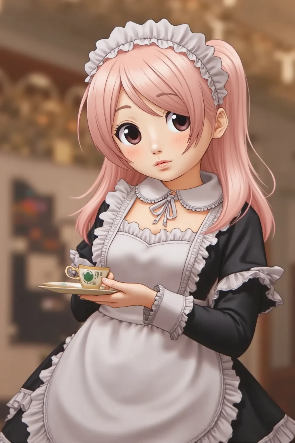 8k,4k,masterpiece, best quality, finely detail,manga,anime coloring,1girl,18yo,cute,maid,cafe shop,dramatic angle,
 <lora:Moxin_10:0.3>