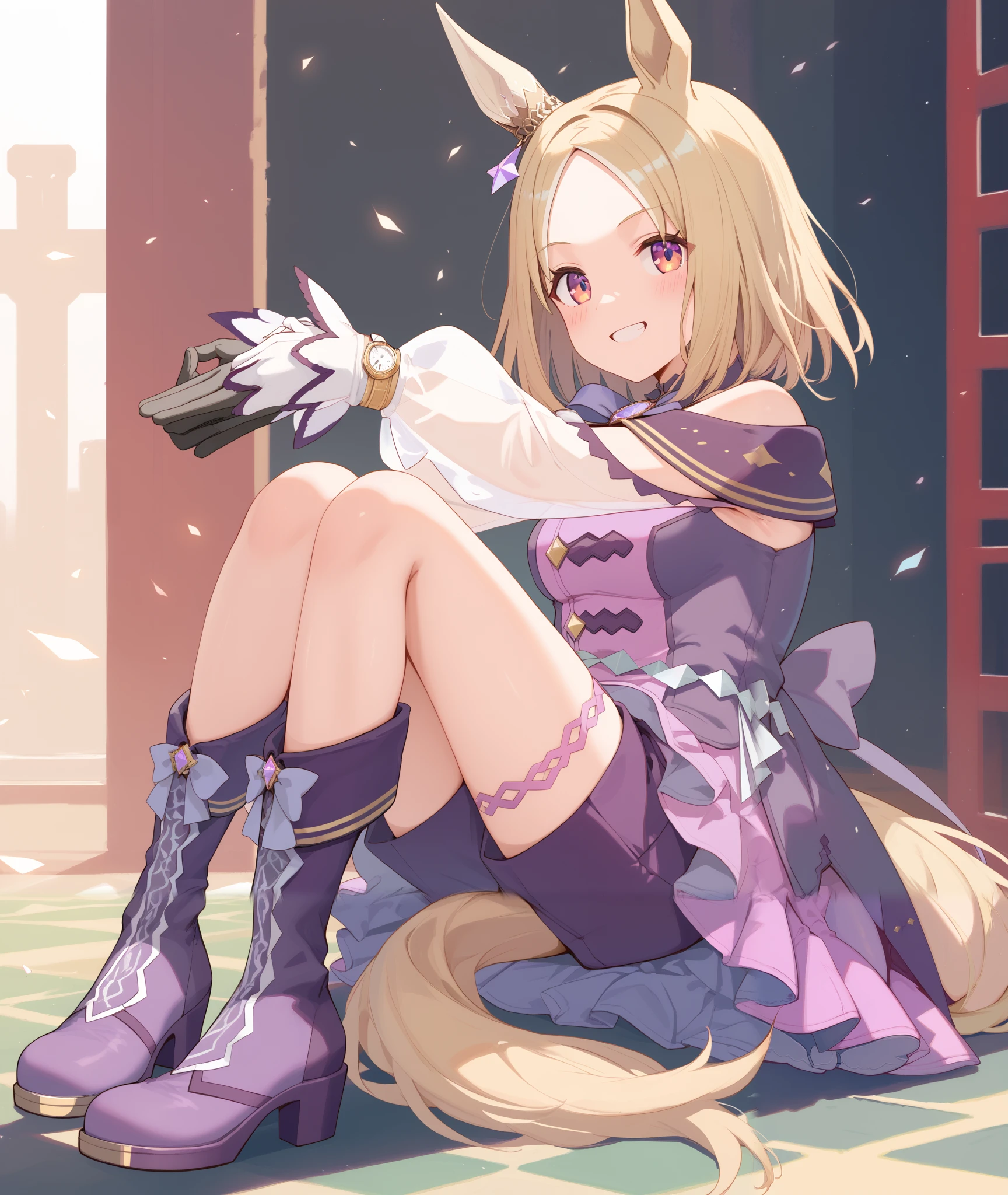 Shobufuku, 1 girl, Alone, Watch Viewers, is smiling、I'm dyeing my cheeks a little red、 blonde hair, gloves, Long Sleeve, bow, animal ears, sitting、 purple eyes, tail, Full Body, boots, shorts with r, puff sleeve, white gloves, medium hair, horse ears, horse girl , horse tail, purple footwear, purple shorts with r,
mismatch gloves, asymmetrical gloves, 黒 gloves, five fingers,