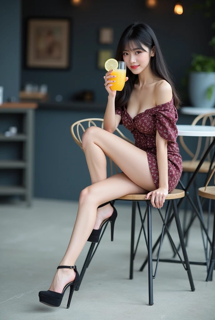 a beautiful Korean girl bathes in a glass cup filled with soda, decorated with lemon. beautiful Korean girl looks naked. home page background.