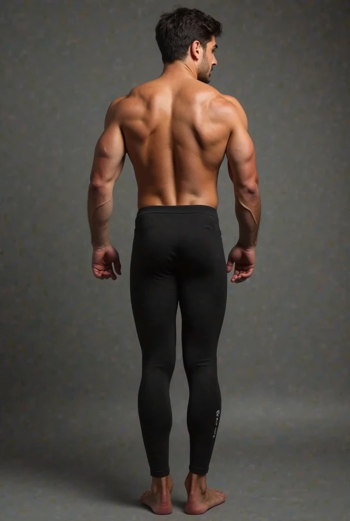 Make a very detailed picture of a shirtless male that is 6 feet 2 inches tall male twunk with big pecs, thicc ass, curvy figure, toned flat stomach, and back length curly black hair ties into a man bun showing off his thicc ass in tights