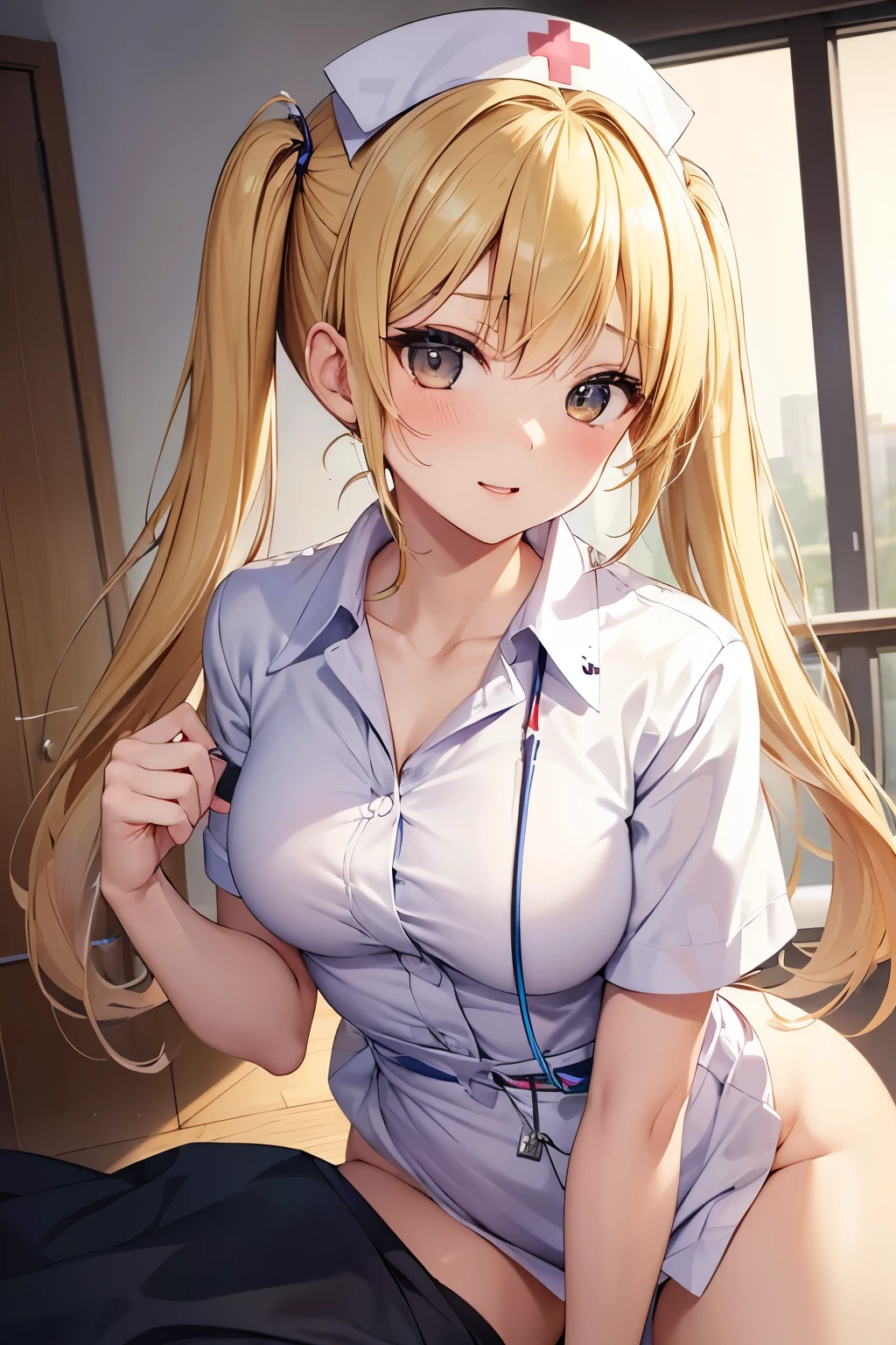 NSFW, masterpiece, top quality, 1 girl, beautiful face of a 24-year-old Japanese person down to the smallest detail, ((ピンクのnurse)),  stand straight ,  take off the blouse , Classify your hair, wave hair, twin tails, blonde hair, nurse&#39; uniform with partially open buttons, smile, (small breasts), (flat chest), sweat, smile