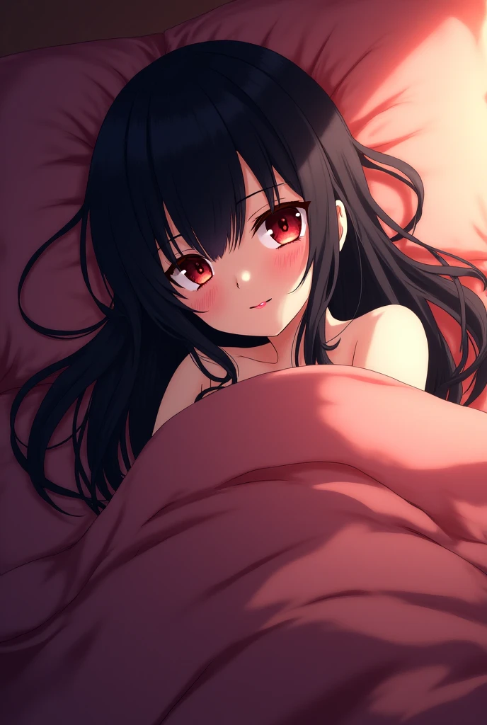 One , ((Figure of a person lying on a bed inside the sheets。The person is covered with a sheet、Relaxed。The sheets are softly draped over my body.、Only the face is slightly visible。Simple bedroom background))、((Sexy Underwear)),(Black Hair,Red-pink inner color hairstyle), Beautiful Hair, Facial Contour, Remember, ,Hotel, splash, Lens flare, Natural Color, High resolution, Very delicate, Very detailed, 8k,Lying in bed、(There is only a slight swelling of the chest,About B cup)、Shyness、,((Sexual))