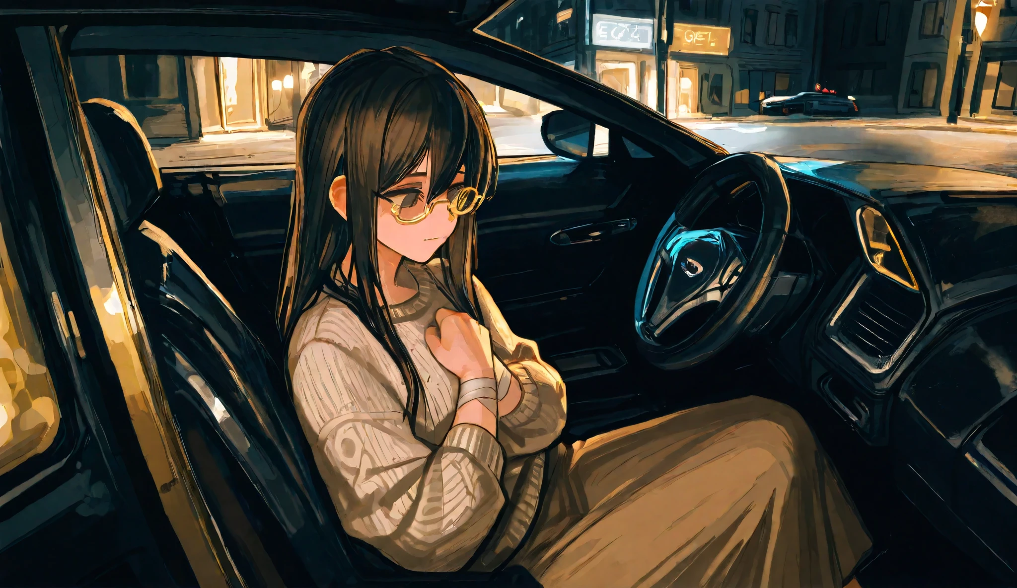 A quiet city street at night, bathed in the soft golden glow of streetlights. Emily Carter, a young woman in her mid-twenties with shoulder-length chestnut-brown hair and warm hazel eyes, walks along the sidewalk in a soft knitted sweater and a long flowing skirt. Suddenly, a small dashes past her, nearly knocking her off balance.
Before she can react, Ethan Miller, a tall and well-built man with neatly styled jet-black hair and sharp gray eyes behind gold-rimmed glasses, instinctively reaches out. His strong arms wrap securely around Emily’s waist, pulling her close against his chest. The warmth of his body contrasts with the cool night air, and for a brief moment, time seems to stand still.
Emily finds herself frozen in place, her hands resting lightly against Ethan’s chest, feeling the steady rhythm of his heartbeat. Ethan’s usually composed expression softens as he looks down at her, his grip lingering just a second longer than necessary before he slowly releases her.
Later, inside Ethan’s sleek black car, they drive through the dimly lit streets in silence. Emily gazes out the window, her mind replaying the moment over and over. Ethan, with one hand on the wheel, glances at her briefly, his expression unreadable. As they arrive at her apartment, Emily reaches for the door handle, but the soft click of the doors locking makes her pause.
She turns, and Ethan, sitting beside her, his gold-rimmed glasses catching the faint glow of the dashboard lights, gently reaches out and takes her wrist. His gray eyes hold an intensity she has never seen before. The air between them is thick with unspoken emotions, lingering in the quiet space of the car.