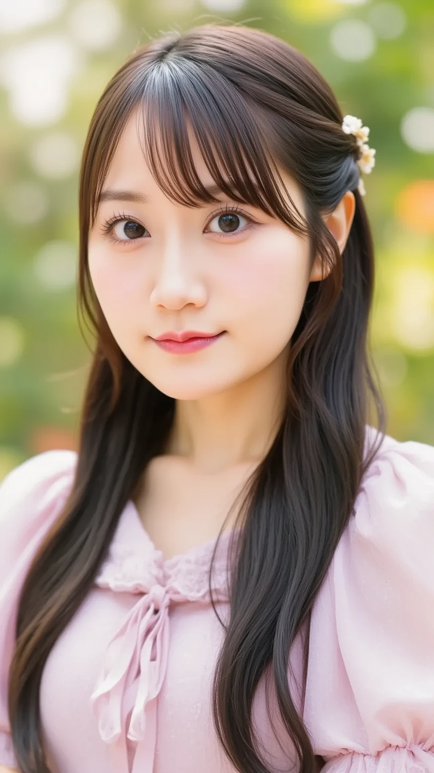 (erii:1.2), (smile:0.2), (closed mouth:1.5), shiny skin, 1girl, (curvy), bangs, long hair, straight hair, flower hair ornament, pale pink casual dress, (looking at viewer1.2), forest, sunny, slim body, blunt bangs, down-slanting eyebrows, bast shot, dynamic pose, <lora:erii_v1:1> <lora:Japanese-doll-likeness:0.2>