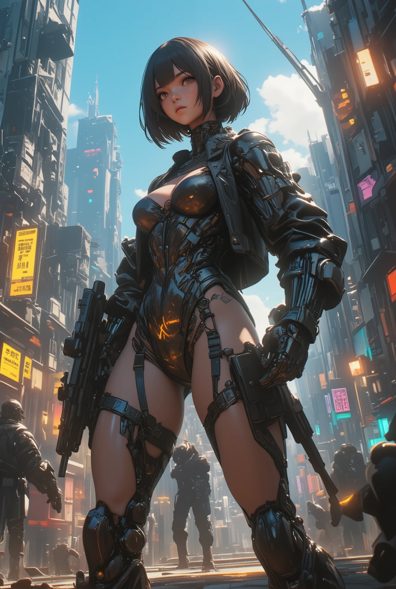 (best quality,4k,8k,highres,masterpiece:1.2),ultra-detailed,(realistic,photorealistic,photo-realistic:1.37),robot holding a gun on a platform,(NieR: Automata spaceship style),(armored core V:1.1) core on the ground, detailed armored core V, (NieR: Automata 2B official artwork),detailed eyes,detailed lips,mechanical theme, soldier fighting a mech,2B from NieR: Automata, abandoned mechs in the background,(Metal Gear Rising: Revengeance) rise of the metal gear