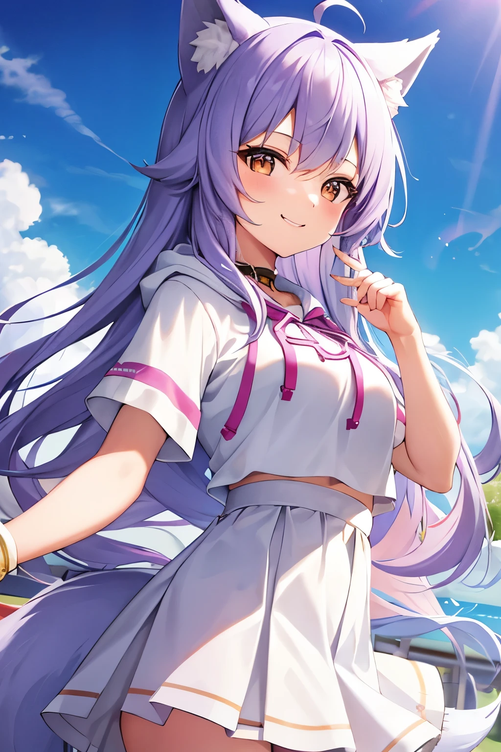 Anime girl with long purple hair and white dress posing in front of a ...