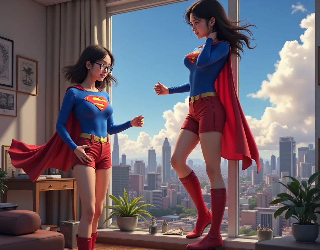 (muscular female), (supergirl:1.4),(muscular woman), (dark brown hair), (short skirt), (black skirt), (falling bra), (large breasts), (hard breasts), (small panties), (white panties), (sitting in front), (open legs), (wet panties), long legs, tall female, barefoot, barefeet, bare legs, (8k), (high quality), (5 fingers), (no defects), (well detailed face), (thick thighs), (white skin), (wet crotch), get blush,Sweating profusely, Beautiful high nose, beautiful nasal bridge, makeup, 25-year-old woman naked underwear, detailed crotch, sitting in the cage chair with M-shaped legs