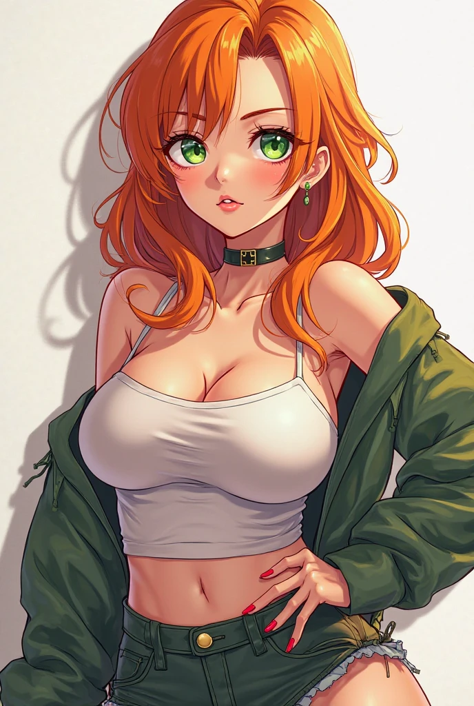 Anime, sexy, gwen from ben 10, orange hair, freckles, almost naked, wearing a blue jacket unzipped, large breasts, smiling, barefoot, has a large