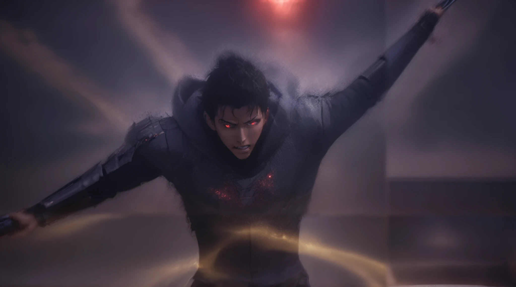 A hyper-realistic cinematic shot of Sung Jin-Woo from Solo Leveling engaged in an intense battle with a towering, armored knight. Jin-Woo, wearing a slightly torn hoodie, grips his dagger tightly, his face showing fierce determination as he blocks a massive, glowing greatsword with his blade. The armored knight, cloaked in deep crimson with glowing red eyes, wields an enormous black sword crackling with energy. The battle takes place inside a grand gothic cathedral, with towering red-lit pillars and intricate stained glass in the background. Sparks fly as the blades clash, illuminating the scene with electric yellow and red flashes. Dramatic lighting enhances the high-contrast shadows and glowing effects, giving a cinematic depth. Shot with a Sony A7R IV, 85mm f/1.4 lens, with a shallow depth of field to emphasize the characters, dynamic motion blur on sparks and dust particles, and ultra-realistic textures on clothing, armor, and weapons. 8K ultra-HD resolution, photorealistic rendering, highly detailed textures, cinematic composition, action-packed dynamic perspective --ar 16:9 --v 6 --style raw --q 2 --stylize 750