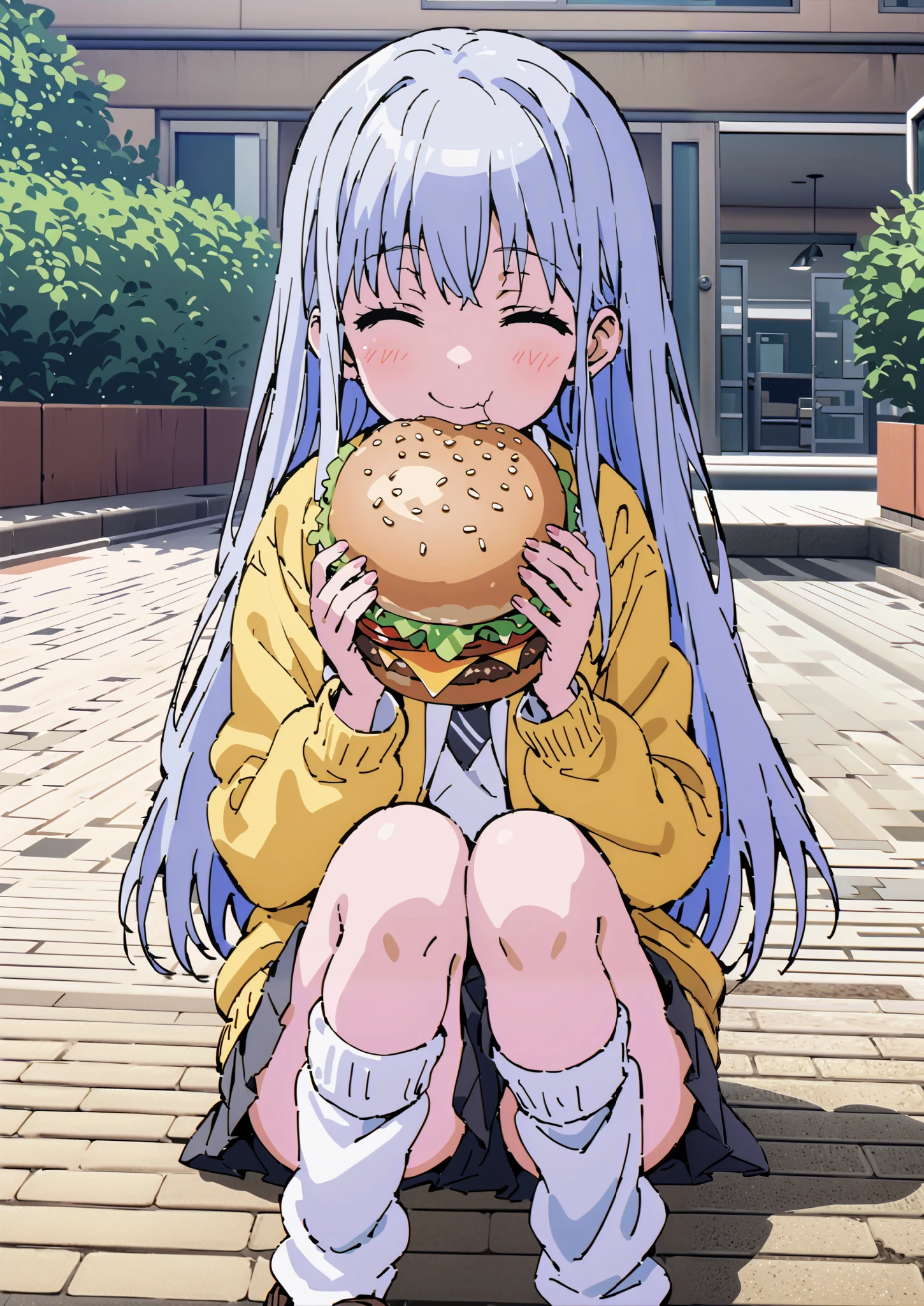 score_9, score_8_up, score_7_up, source_anime, Prohibited bibliography, both eyes, Silver Hair, long hair, smile,blushes,Black sailor suit, yellow cardigan ,black pleated skirt,white high socks,loafers,white leg warmers sitting on a plump, holding a hamburger with both hands,eating hamburger,noon,School building,full bodyがイラストに入るように,break outdoors,courtyard,
full body,
break (masterpiece:1.2),top quality , kampala, Unity 8K Wallpaper ,(shape:0.8),It's a person ,full body写真,CG Details , (perfect hands,complete anatomy),