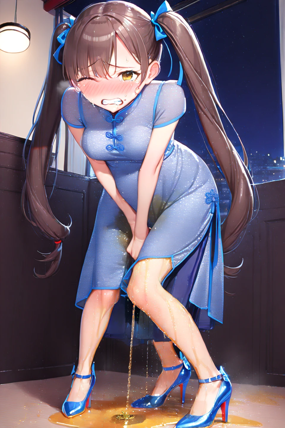 Primary school students、child、Long Hair、Small breasts、Small breasts、child体型、Nipples、Embarrassed、Red face、smile、Sweat on the cheeks、((spy、Bodysuits、Fishnet tights))、City of night、Rooftop、Battle pose、8 year old 、Realistic body