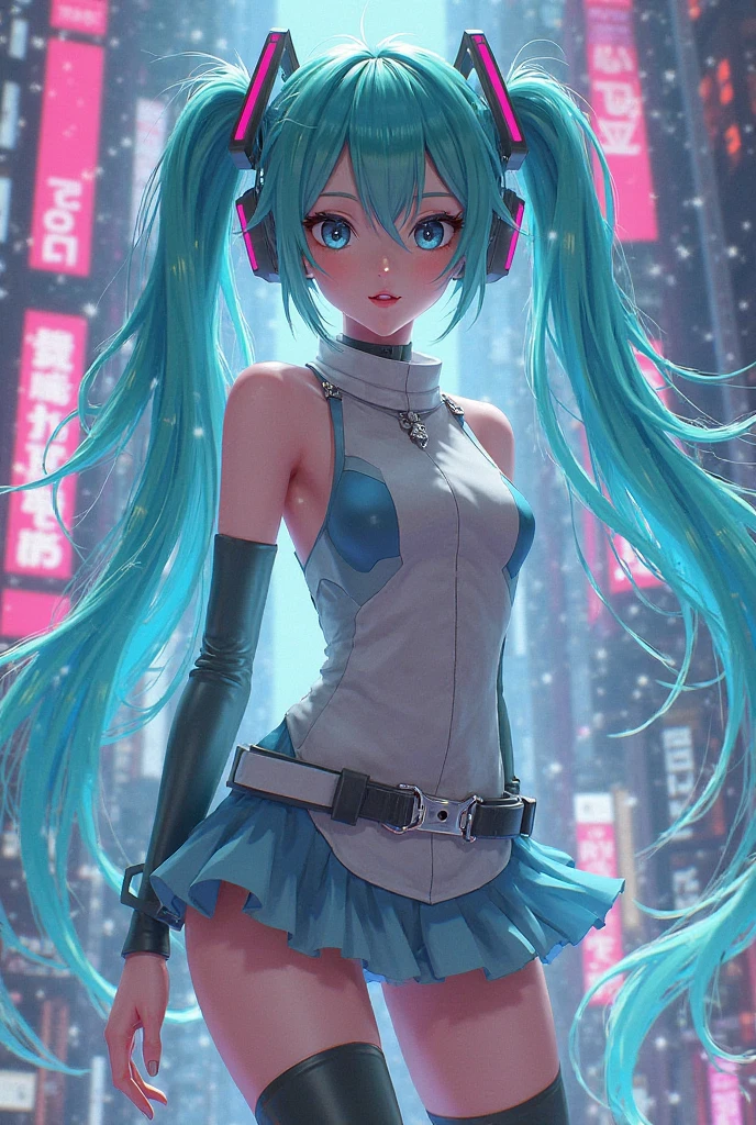 ((best illustration, anime style, full body shot, 1 girl, Hatsune Miku)), blue and turquoise hair, headphones, big blue eyes, dynamic pose, floating, ethereal background, light rays, neon lights, holographic effects.