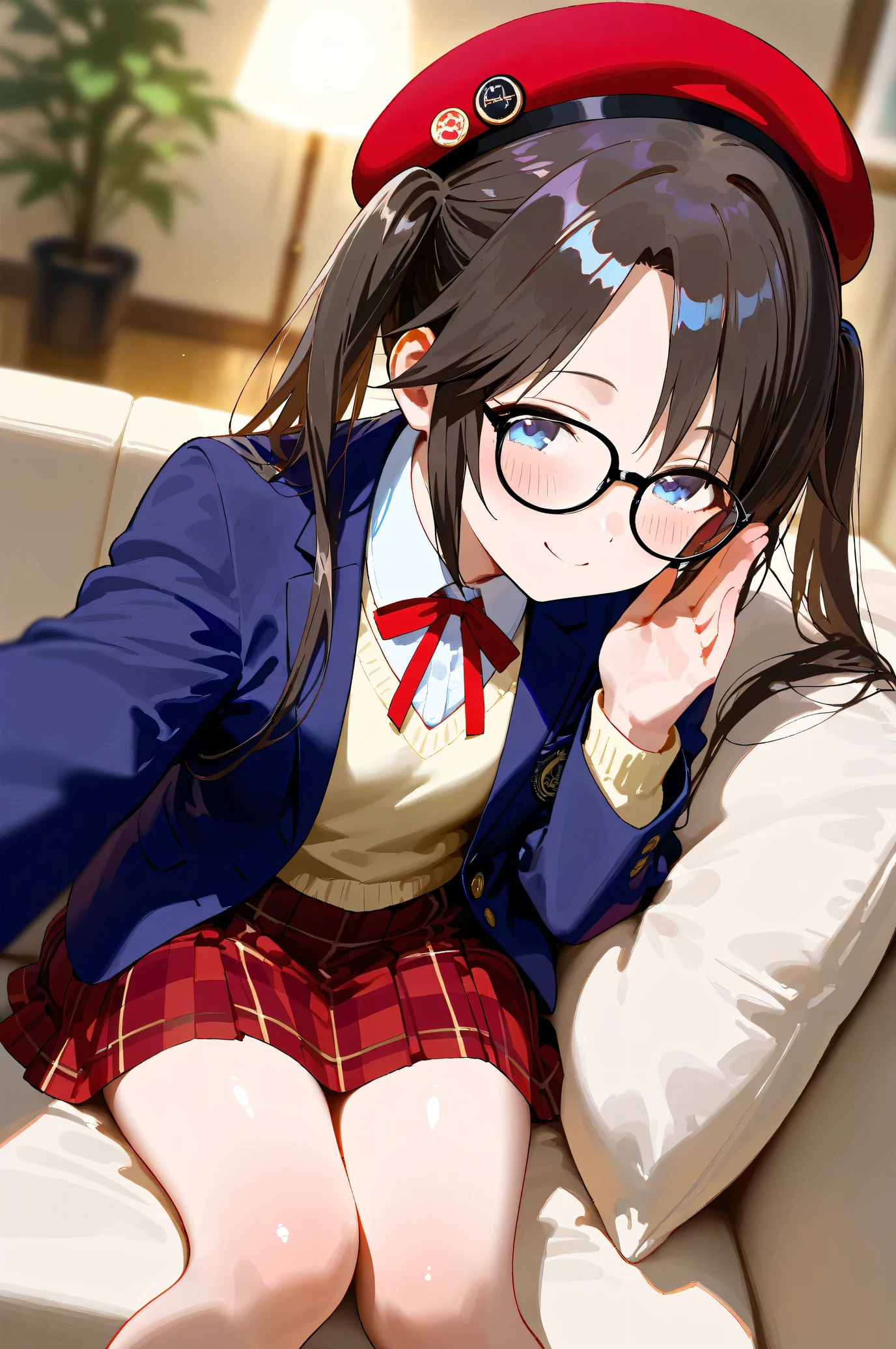 (Masterpiece), (Highest quality), (Very detailed),
(The best shape), (Best shadow), (Absurd),
(Detailed Background), (So beautiful), Shiny,
Beautiful eyes in every detail, Extraordinary, Countershading, 8k, 32K, High resolution,
Very Detailed CG, UHD,
Score_9, Score_8_up, Score_7_up, Source_anime,
(Pastel painting:1.2), (Watercolor painting:1.2),
(Masterpiece, Detailed:1.2), (Foreshortening:1.2),
Cinematic, Dramatic, (Depth of field:1.4),
(Blurry background:1.4), (Realistic background:1.4),
dynamic angle,
1 girl, Solo,
lndoor, Living room, Sofa, Light brown sofa, Cushion,
Mitsumine Yuika,
the idolmaster shiny colors,
yuikamitsumine, 1girl, Solo, Black hair, Long hair, Twintails, High twintails, Blue eyes,
Casual wear,
Beret, Red beret, Glasses, Black framed glasses,
Blazer, Open blazer, Long sleeves blazer, (Indigo blazer:1.2),
Cardigan, Red ribbon,
Skirt, Mini skirt, Red skirt, Checkered Skirt,
(Blush:1.3),
Upper body, Portrait, (Close up shot:1.4),
Naughty face, Whispering,
Sitting on the sofa,
Focus on face,
Realistic skin,
Shiny skin,