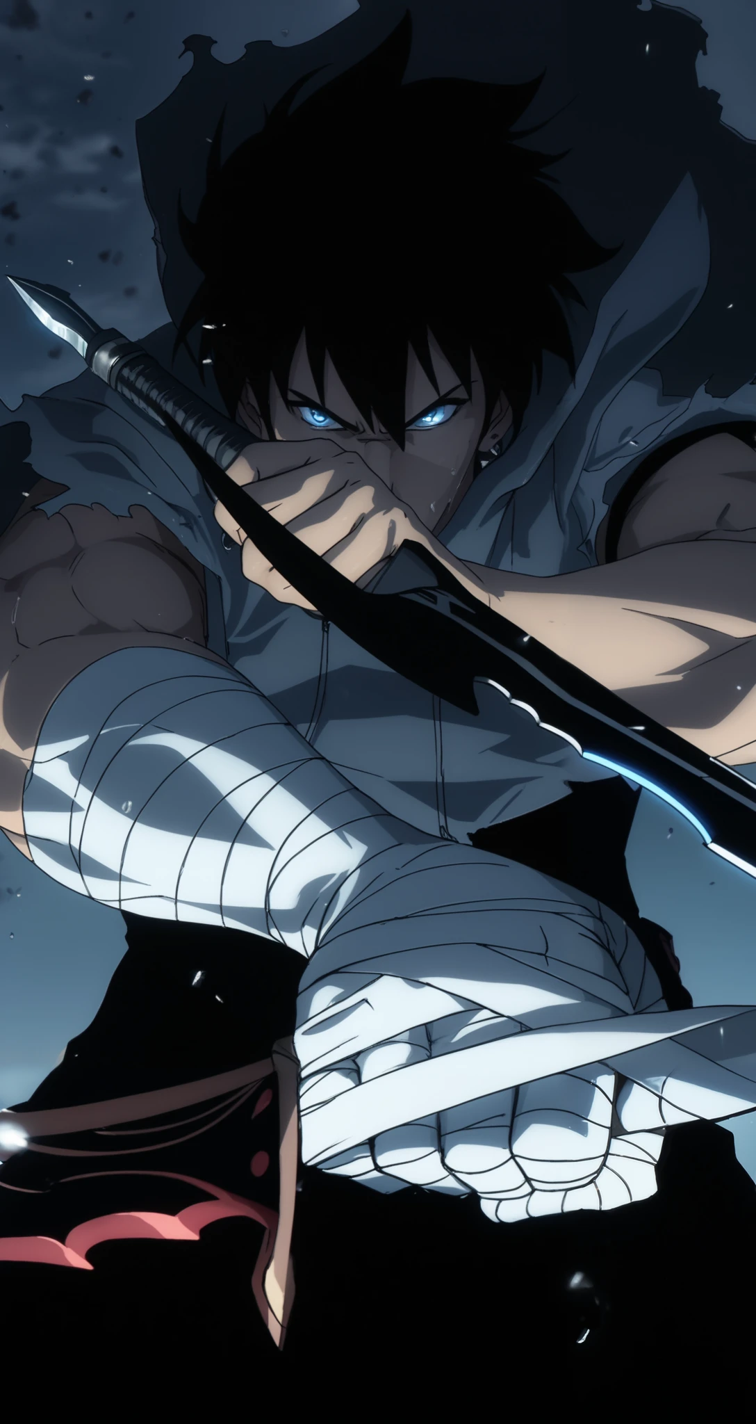 A hyper-realistic cinematic shot of Sung Jin-Woo from Solo Leveling, in an intense battle stance, wielding his signature dagger with a deadly gaze. His piercing blue eyes glow ominously, radiating an aura of immense power. His black hair is unkempt, slightly damp with sweat, enhancing his fierce expression. His muscular arms are wrapped in torn, bloodstained bandages, showing signs of past battles. He wears a rugged, sleeveless hoodie, shredded from combat, revealing his toned physique. His dagger crackles with dark energy, casting a blue luminescence over his hand. The background is a war-torn battlefield with embers floating in the air, dust particles catching the dim light. Shadows dance across his face, highlighting his sharp jawline and determined look. The composition features a low-angle cinematic perspective, making him appear dominant and powerful. Shot with a Sony A7R IV, 85mm f/1.4 lens, high-contrast dramatic lighting, hyper-detailed textures, ultra-HD 8K resolution, photorealistic rendering, dynamic action shot, high dynamic range, ultra-sharp focus --ar 16:9 --v 6 --style raw --q 2 --stylize 750