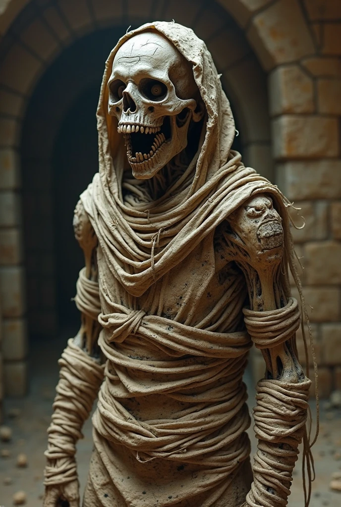 horrific mummy zombified in the style of niji3d, (masterpiece,best quality:1.5), night rainy castle with cemetery landscape, science fiction, solo, simple background, uhd image, glassy translucence, vibrant illustrations, ultra realistic, bokeh, mysterious