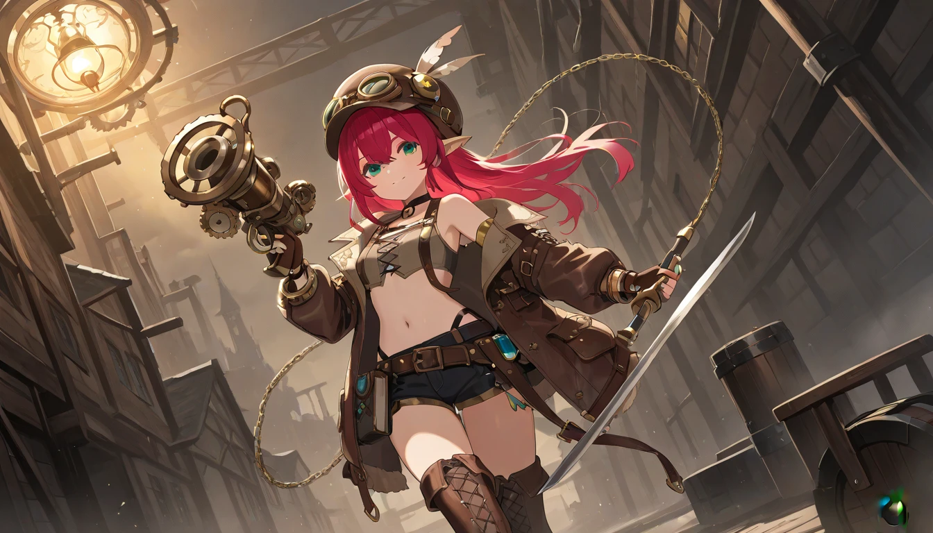 1girl, stylish pose, intricate detailed steampunk clothes, steampunk hat, cloak, smirk, slim body, (bright red long floating hair:1.2), beautiful detailed glow, detailed, Cinematic light, intricate detail, highres, rounded eyes, detailed facial features, high detail, sharp focus, smooth, aesthetic, extremely detailed, small chest, octane render,( detailed steampunk city background:1.1)