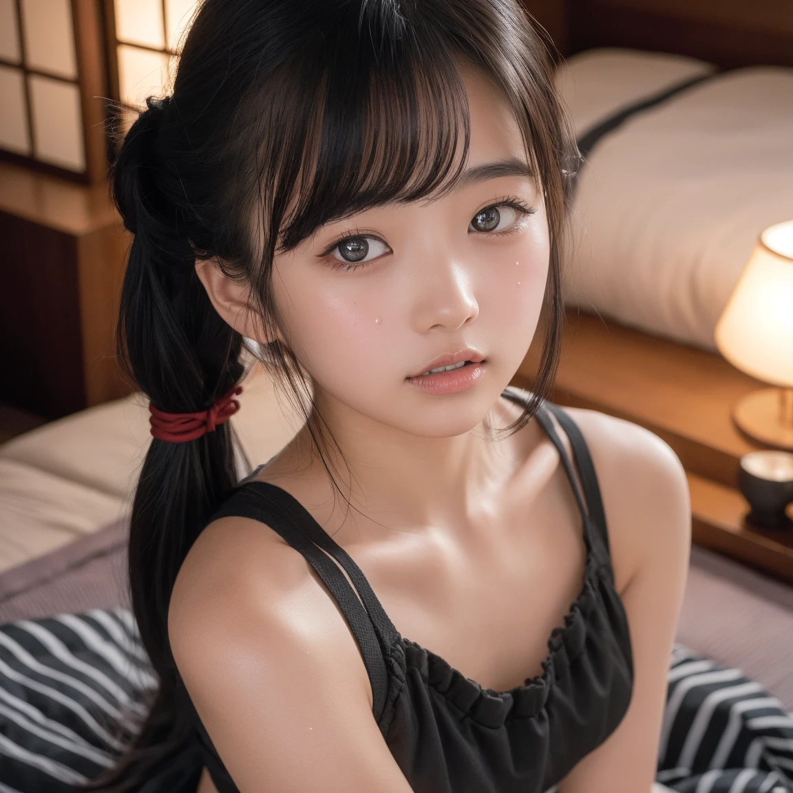 NSFW, 8k, High-level, absurd, masterpiece, best quality, primitive, very detailed CG, very detailed wallpaper, perfect lighting, Extremely detailed (((The personifying " Setsuko Hara  " as a Little Girl))), MysticSight, Tyndall effect, Tyndall scattering, Studio gray background with (many Dazzling RainbowColor particles BokeH:1.28), (RoundlyButts, ThighGap), (Exposed:0.4), (Assfocus with looking ahead), BREAK (NOGIZAKA face variations) Extremely Detailed very KAWAII face variations, perfect anatomy, Childish, captivating gaze, elaborate detailed Eyes with (sparkling highlights:1.28), long eyelashes、Glossy RED Lips with beautiful details, Coquettish tongue, Rosy cheeks, Radiant PearlSkin with clear transparency . { (Dynamic LifeLike expressions:1.4) | :d) }, (large eyes:-1) .
