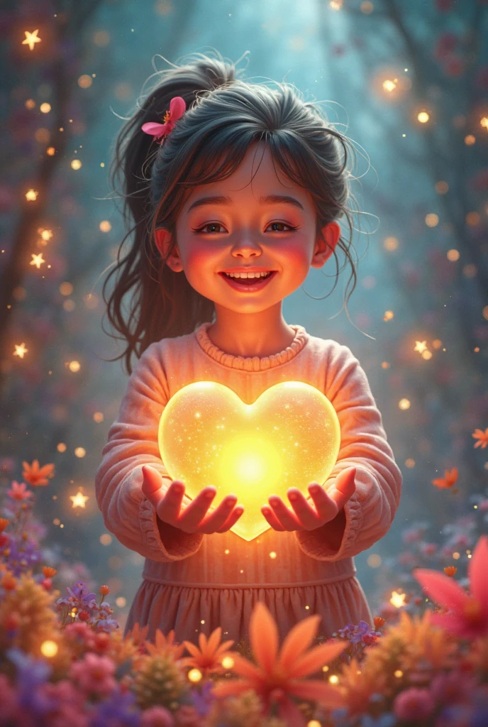 "A close-up of a child's face, eyes closed in bliss, with soft, glowing light emanating from their heart, surrounded by sparkles and gentle stars."

