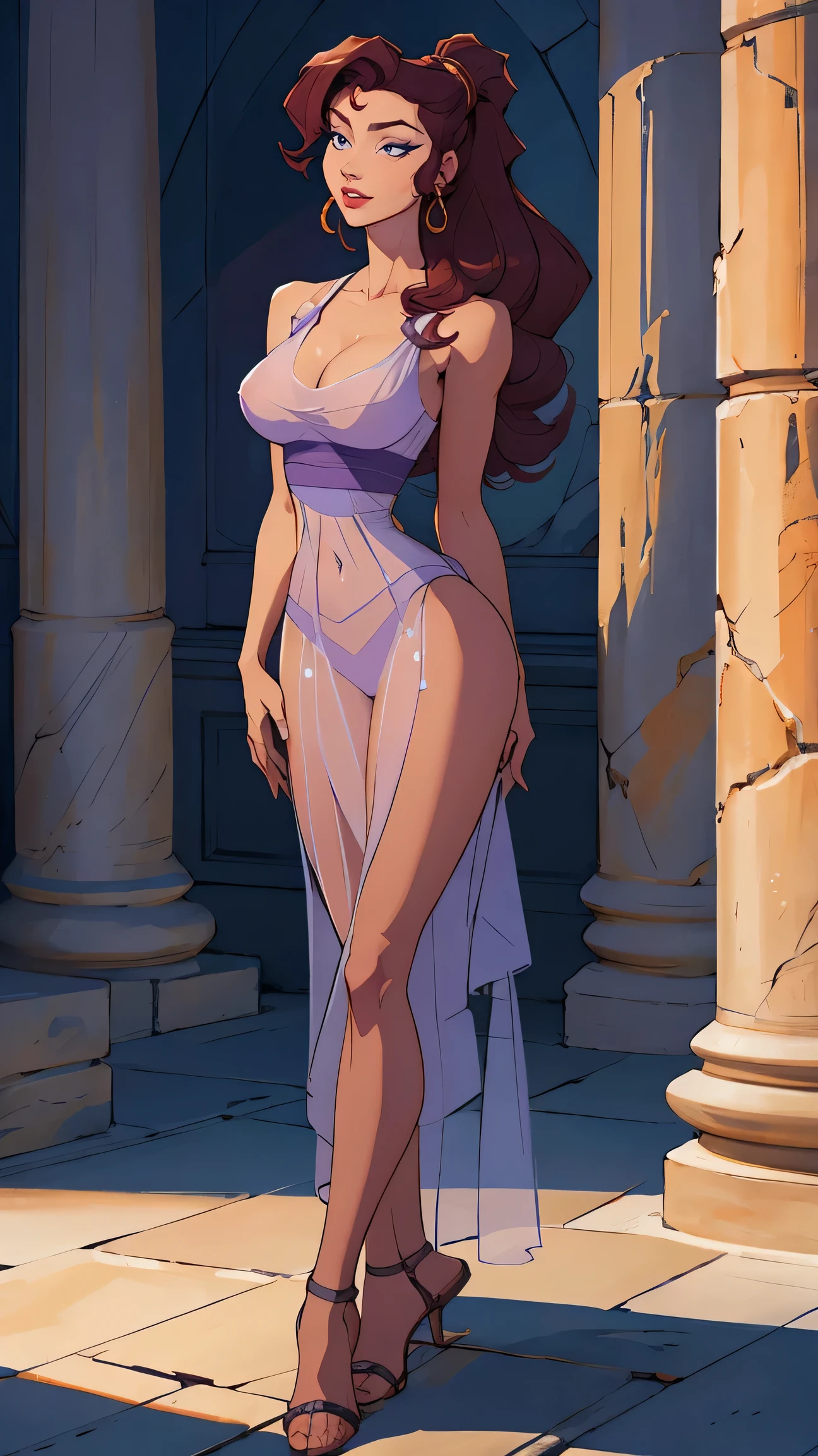 score_9, score_8_up, score_7_up,score_6_up, score_5_up, score_4_up , large breasts, 1girl, solo, HolliW, holliw,makeup, blonde hair, bangs, side locks, thick eyebrows, hair between eyes, curvy, white dress, choker, skindentation, looking at viewer,5 toes, red toe nails, tied ankles together, tied arms, Focus full body, standing, with no shoes,