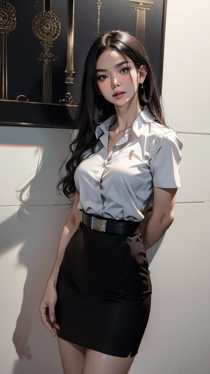 (8k high resolution, masterpiece, best quality. alone complicated details Chromatic aberration) realistically ((chest)) Hair in one eye, purple eyes, big round hoop earrings, sharp eyes, diamond choker, red gemstone necklace. ,(Symmetrical eyes),(Perfectly symmetrical body),(Photo of a beautiful 21 year old girl),Beautiful and charming with contemporary fashion illustrations through the eyes of the viewer. ((Behind the scenes of a large classroom)) , (black short skirt), (((Wearing a white short-sleeved shirt, fully unbuttoned, bare-chested, no bra.), (openly), ())), ((black shorts) Pencil skirt with deep slit on the side.) (Leather belt, long square buckle) ((Put your hands down.)) (Golden bob, side bangs, golden hair (A thin layer of hair covers the face.)), sharp eyeliner, Eye shadow blush with thick eyelashes, Very delicate and beautiful, round chin, Sharp focus, luxurious, Open your legs on the study table. Turn your head with your legs open at eye level. Open your legs and lift your right leg over your left leg. Let your legs be at eye level naturally. Keep your legs slightly apart in a dynamic pose.