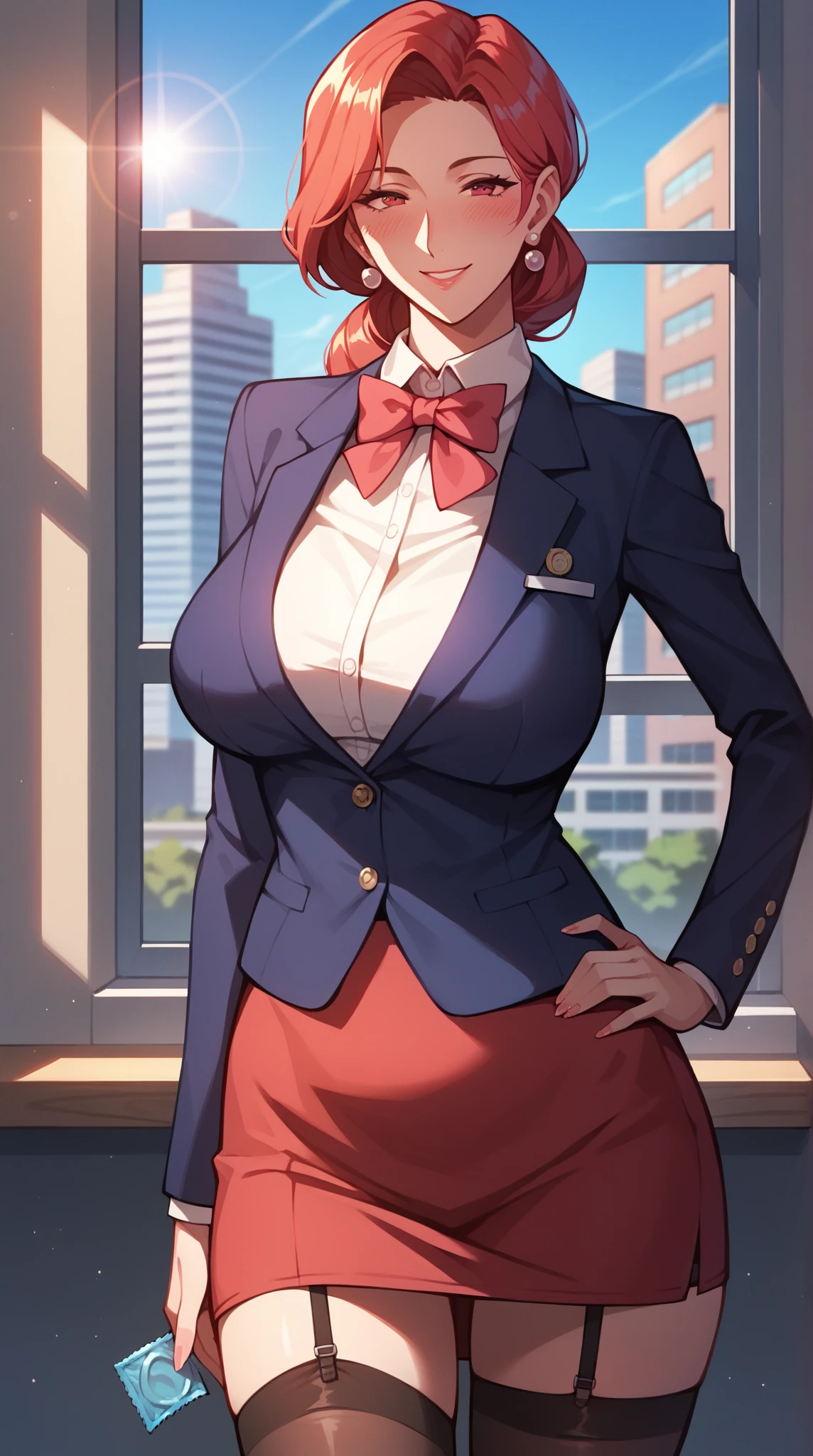(masterpiece, best quality, ultra-detailed, high resolution, detailed eyes), takeda hiromitsu style, 1woman,(30 years old), earrings, curvy body, large breasts, long red hair, curly hair, blazer unifrm