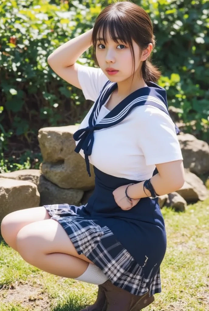 (highest quality:1.4), (hyper quality), (Super detailedな), 1 beautiful girl, very cute, wonderful face and eyes, not aware of this, A super see-through short-sleeved sailor uniform made of thin white fabric.,  (Beautiful and incredibly big breasts), (slender body:1.1), (thin thin legs), (very thin waist), belly button, realistic skin texture, bangs:1.3, bright and glossy lips, Beautiful goddess descends, beautiful background, golden ratio, conceptual art, Super detailed, Accurate, advanced details, outdoor, sexy art, Enveloped in the summer sun, bright light, Super delicate illustration details, 8k wallpaper that combines high-definition CG, Raw photo, professional photos, cinematic lighting, Depth of written boundary,Ultra Micro Thong, (Uniform and no bra:1.2), (The shape of her nipples is visible through her uniform.:1.2), (The nipple protrusions lift the uniform), (Her big breasts stretch her uniform:1.2), I&#39;Chest massage makes you short of breath, Cropped top with fluttering hem:1.3, underboob:1.3, (High heels on bare feet)