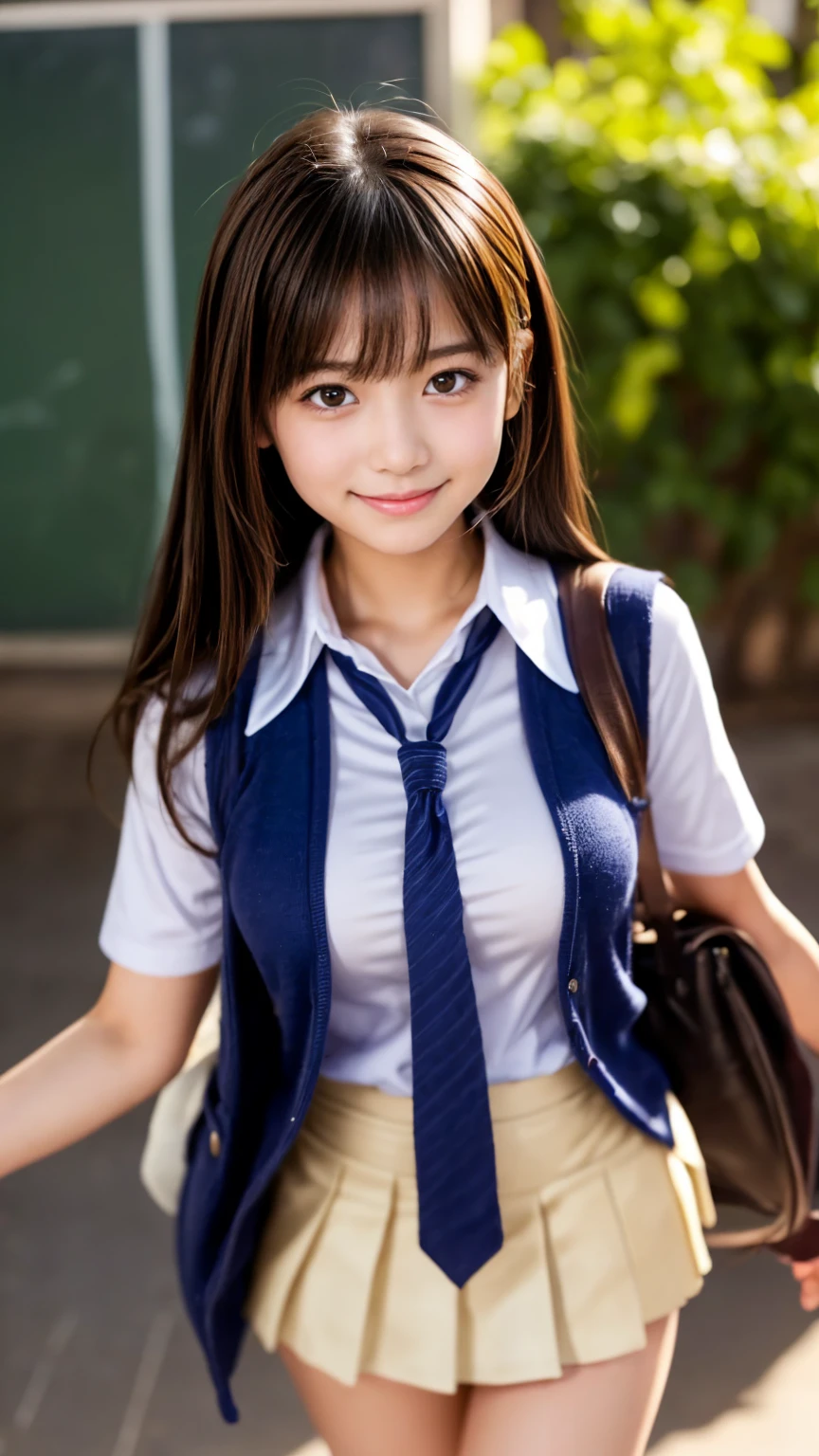 8K, highest quality, The real picture, Intricate details, Very detailed, Ultra-high resolution, Depth Field,(Realistic,Realistic:1.2),Tabletop , Full Body Shot , From the middle , 1 girl, eye_Chan, Very beautiful 17 year old girl, innocent big eyes,、Beautiful breasts:1.5、非常に詳細なeye:1.2)、(Beautiful breasts:1.1)、((Brown Hair))、(Medium Long Hair), Asymmetrical bangs, Perfect Skin, Fair skin, Small breasts, Tight waist, alone, Staring at the audience, (smile)、((School_uniform), (Spread your legs), (White shirt、Wear a tie), (Blue and pink checkered pleated micro mini skirt), ((Pose on Salute)), ((楽しそうなsmile))
