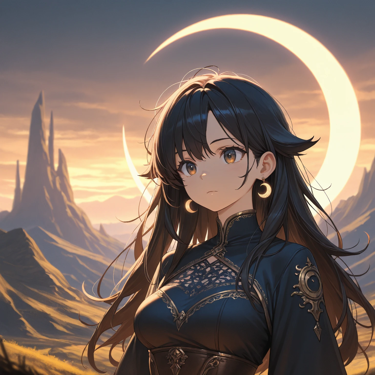 Masterpiece, Best Quality, , cowboy shot, 1girl, Solo, Night Sky, Outdoor, Moon, Stars, Clouds, Wind, Medium Hair, Cleavage, Tree, Night,