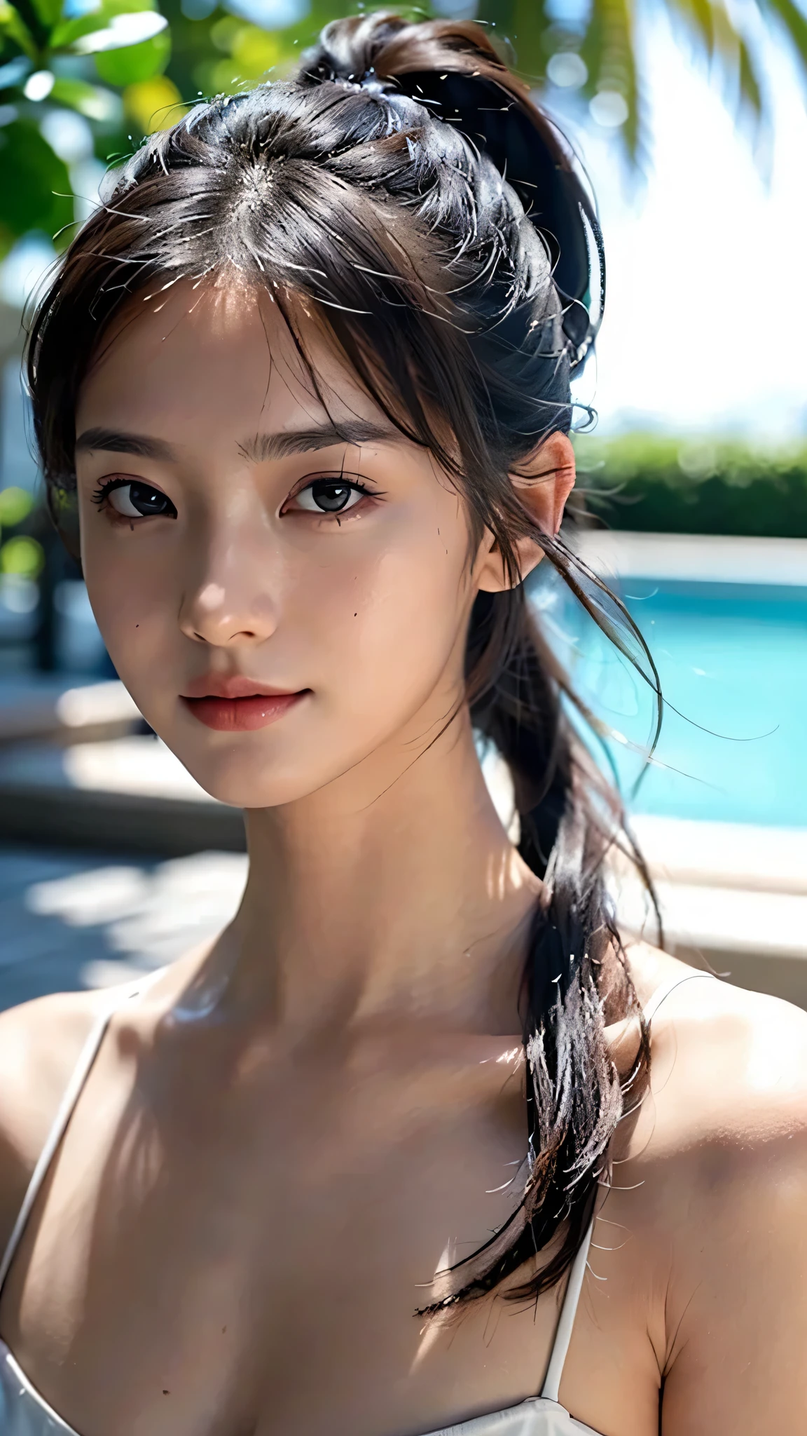 Bust Shot,bikini,Body in front,masutepiece, The highest image quality, High quality, the background is clear,Beautiful woman, Japanese, Detailed, Ultra-detailed, finely detail, hight resolution, 8K Wallpaper, Perfect dynamic composition, Beautiful detailed eyes ,Detailed eyes, Detailed skin, Beautiful skin, 超hight resolution, (reality: 1.4),Very beautiful woman, Slightly younger face, Beautiful skin, slender, (Ultra photo realsisim), (hight resolution), (8K), (Very detailed) (beautifully detailed eyes), (super detailed), (Detailed face), view the viewer, Fine details, Detailed face, Staring straight ahead, Staring straight ahead, photos realistic, Bright lighting, Professional Lighting, Black hair,poneyTail,a baby face,sixteen years old,Hairstyle: ponytail,Long ponytail hairstyle,slight smile,