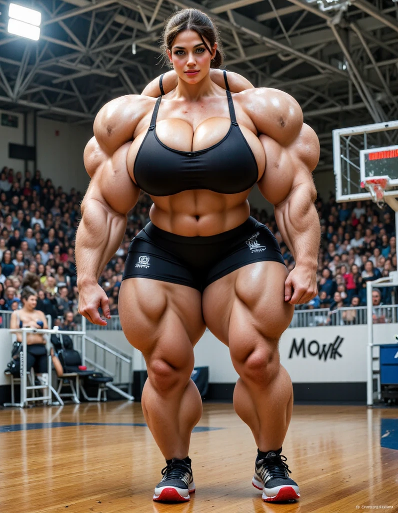 A HD 4K Photo of a beautiful, huge, enormous, buff, giant, ginger, Female bodybuilder, muscle goddess, huge arms and huge legs, naked big boobs, enormous muscles, big beautiful eyes, long hair, stood in the street of a Cyberpunk city with distinctive blue, pink, and yellow neon lights, nighttime, barefoot, wearing ripped jean shorts, photorealistic