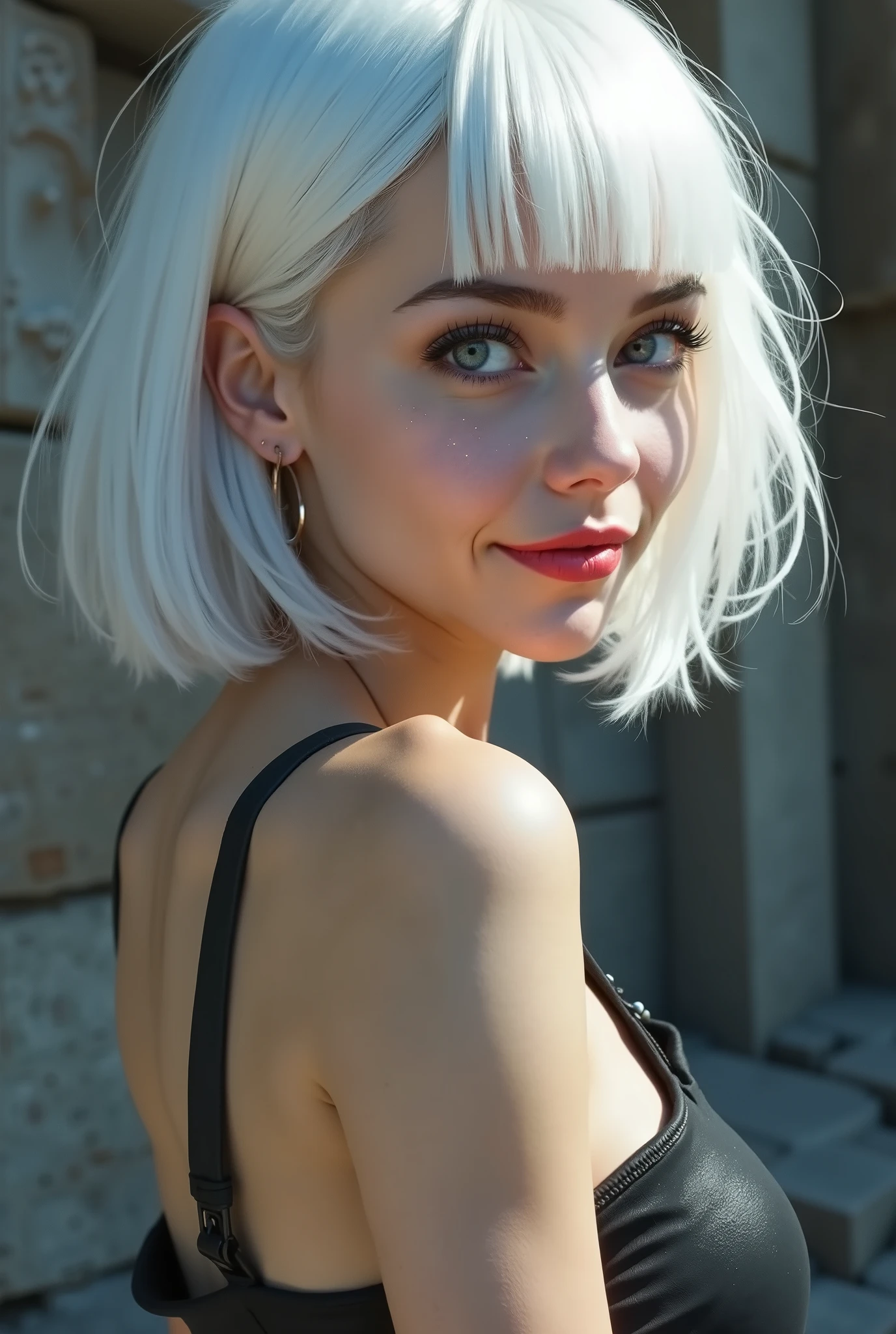 ((RAW Photo), Absurdres, (Absurd Resolution)), (masterpiece, best quality, niji 5), ((hyperrealism, photorealistic)), (the most beautiful girl, beautiful, thin, smile), white-skinned, freckled lady, (dark city, twisted irons, blocks, rubble), (salmon-colored eyes), (white hair, shiny, luminous, Bob cut, graphite), (red lips), (hip-tight, flared pants, sheer blouse), (arrogant), (dynamic photo, Photographic Perspective)). «SunPuma S»