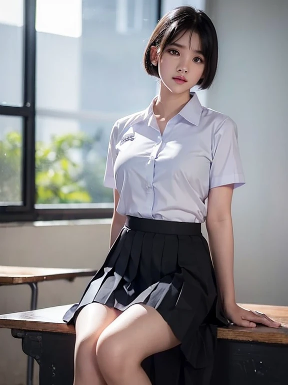 (reality: 1.4),Highest quality, masterpiece, High detail, 16K quality, beautiful, 1 beautiful girl,Japanese,super beautiful face,Baby Face,Japanese idol face,Cute face,Highly detailed face,Detailed hands,beautiful skin,Oily skin,Big eyes,Professional Lighting,Medium Hair,Black Hair,brown beautiful eyes, smile,Big Breasts, White shirt,Open button,See-through nipples,(Checked mini skirt),White panties,(Showing panties),Black high socks,Spread your legs, She is looking at the camera,classroom, Browsing Caution,From below,Are standing,Skirt flip,