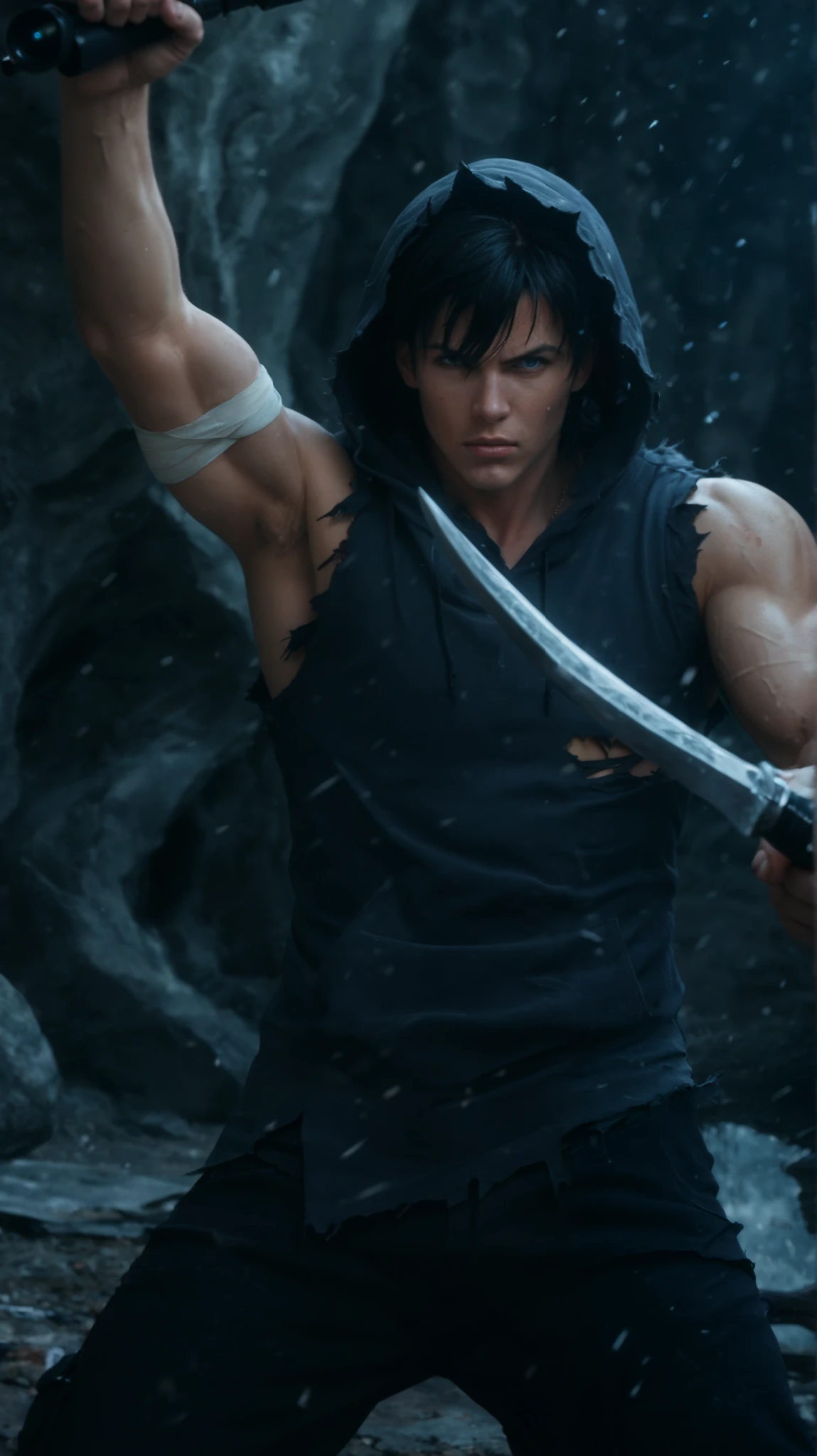 A hyper-realistic cinematic shot of Sung Jin-Woo from Solo Leveling, in an intense battle stance, wielding his signature dagger with a deadly gaze. His piercing blue eyes glow ominously, radiating an aura of immense power. His black hair is unkempt, slightly damp with sweat, enhancing his fierce expression. His muscular arms are wrapped in torn, bloodstained bandages, showing signs of past battles. He wears a rugged, sleeveless hoodie, shredded from combat, revealing his toned physique. His dagger crackles with dark energy, casting a blue luminescence over his hand. The background is a war-torn battlefield with embers floating in the air, dust particles catching the dim light. Shadows dance across his face, highlighting his sharp jawline and determined look. The composition features a low-angle cinematic perspective, making him appear dominant and powerful. Shot with a Sony A7R IV, 85mm f/1.4 lens, high-contrast dramatic lighting, hyper-detailed textures, ultra-HD 8K resolution, photorealistic rendering, dynamic action shot, high dynamic range, ultra-sharp focus --ar 16:9 --v 6 --style raw --q 2 --stylize 750