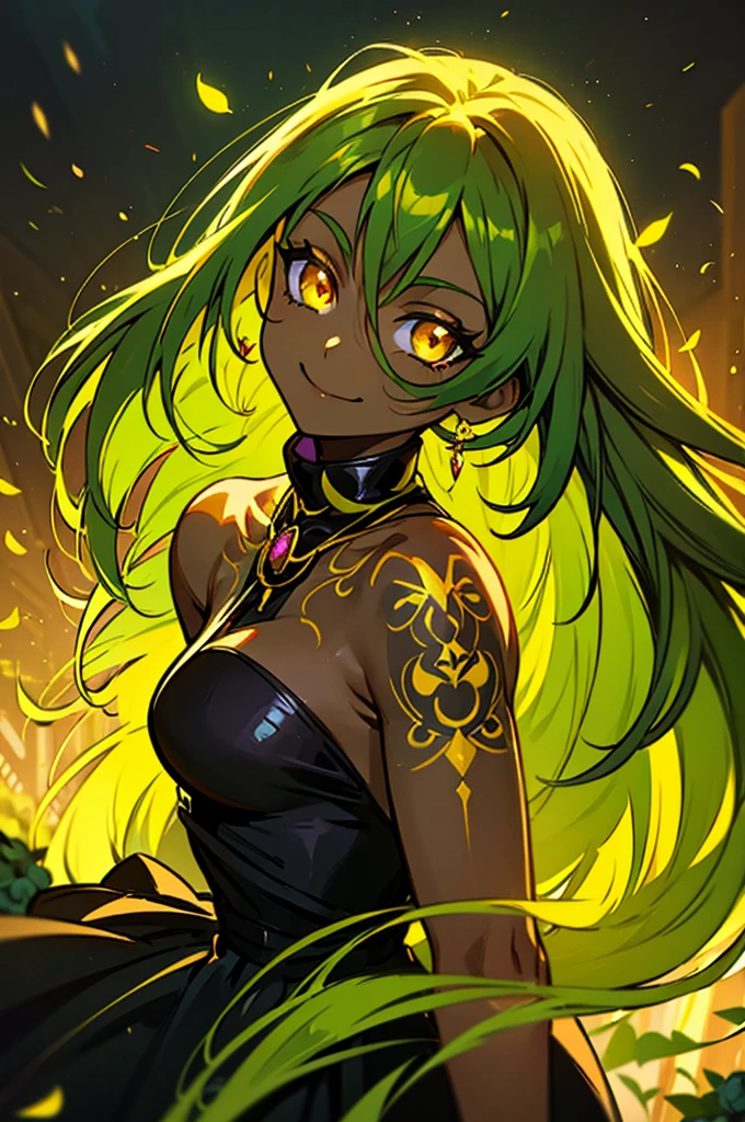 Black background with spotlight,mature elf 1people((Dark Skin:1.5,Golden eyes:1.4,Bright green hair:1.3,Gal Style,big ,)), Leopard print underwear, big_chest, Yellow Eyes, Blue Skirt, White jacket,Mini skirt